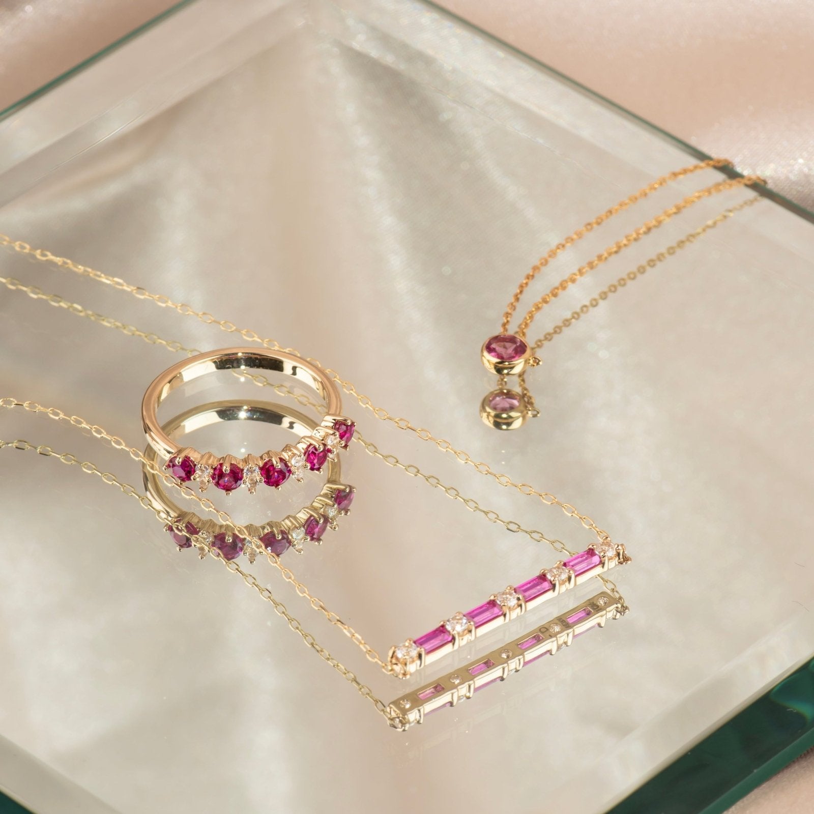 Emerald Cut Ruby and Round White Sapphire Bar Necklace - 10k Solid Yellow Gold Dainty Jewelry for Women, Gift for Her, Anniversary, Birthday, Valentine's Day