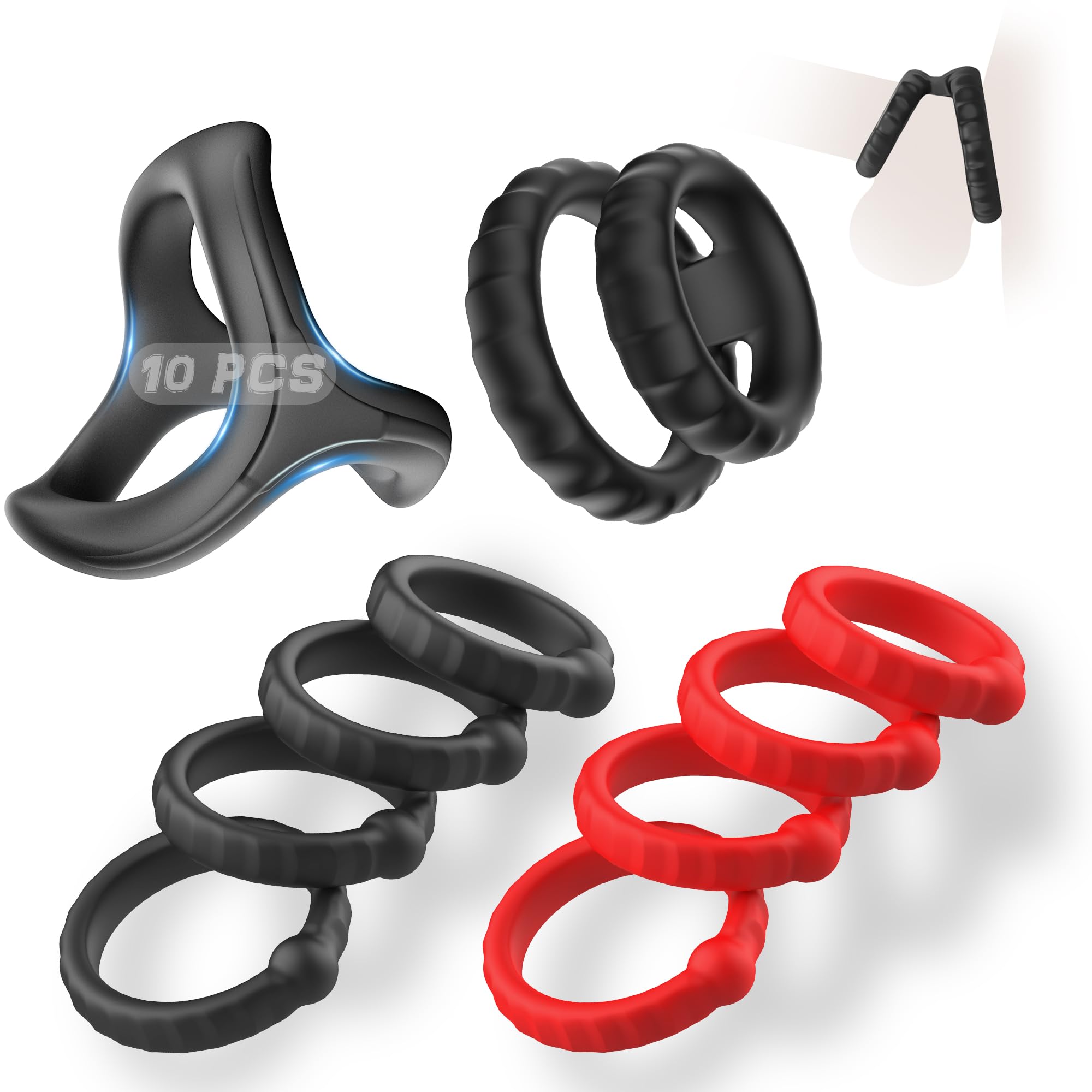 Amortoy 10-Piece Silicone Cock Ring Set for Men - Stretchy Penis Sleeves & Shaft Rings to Enhance Erection & Pleasure - Soft Adult Sex Toys for Couples - Perfect for Spicing Up Intimate Moments & Sensual Play