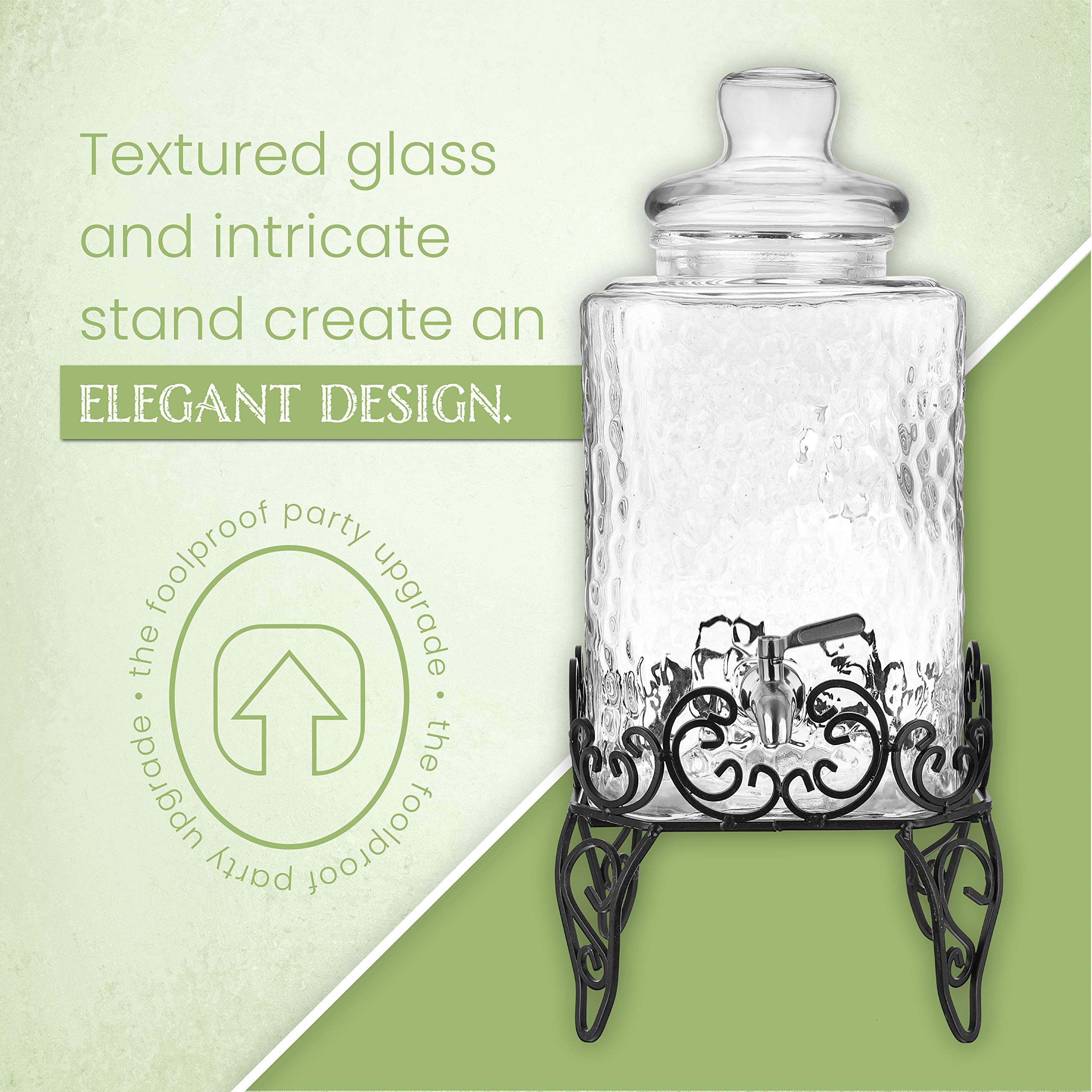 2.5 Gallon Glass Beverage Dispenser with Stand & Stainless Steel Spigot - Large Mason Jar Drink Dispenser for Sun Tea, Kombucha, Iced Tea, Lemonade, Sangria & Cold Drinks - Perfect for Parties, BBQs, Weddings & Outdoor Events
