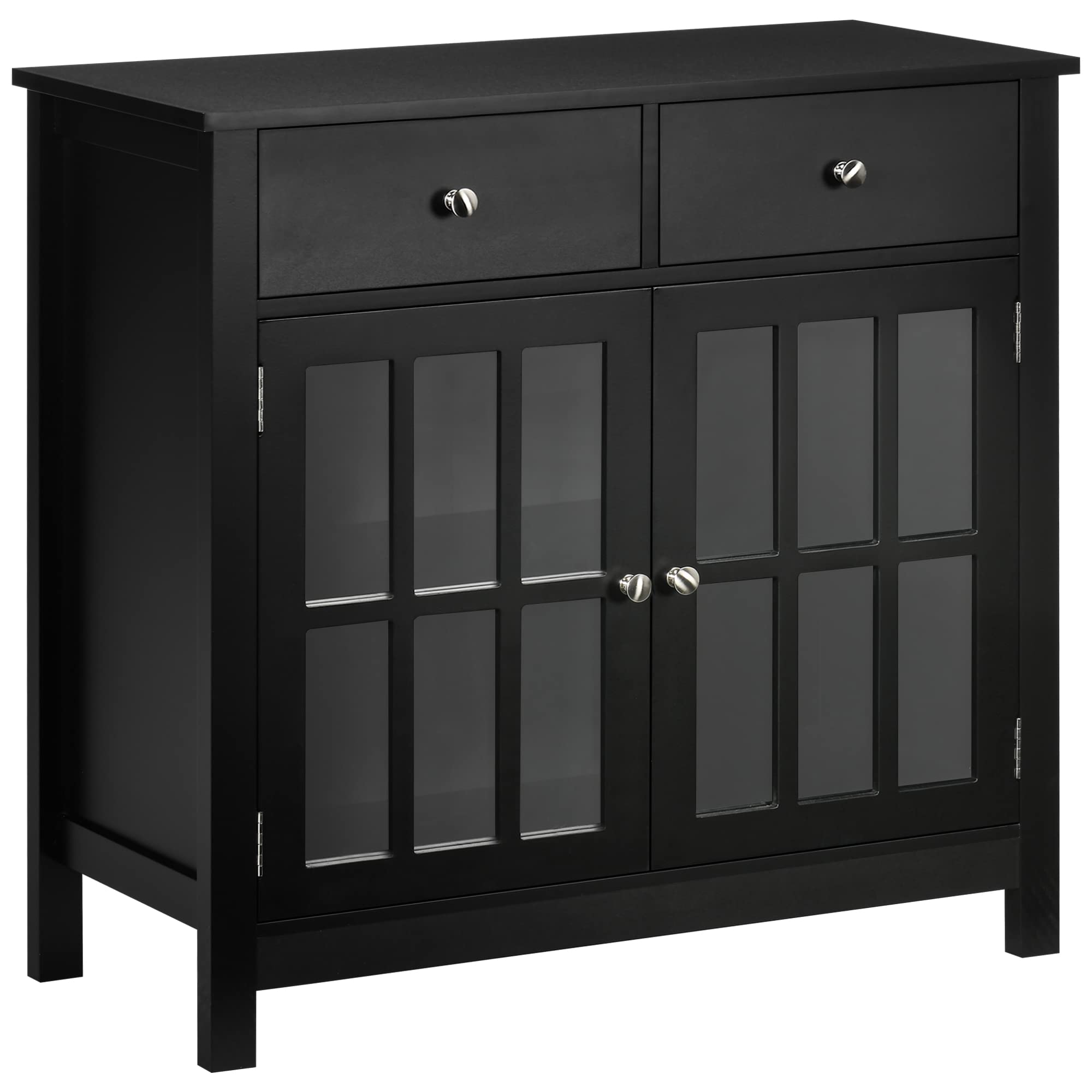 HOMCOM Sideboard Buffet Cabinet with Glass Doors - Adjustable Shelf & 2 Drawers - Modern Accent Kitchen Storage Cabinet in Black - Perfect for Dining Room, Kitchen Organization & Home Decor