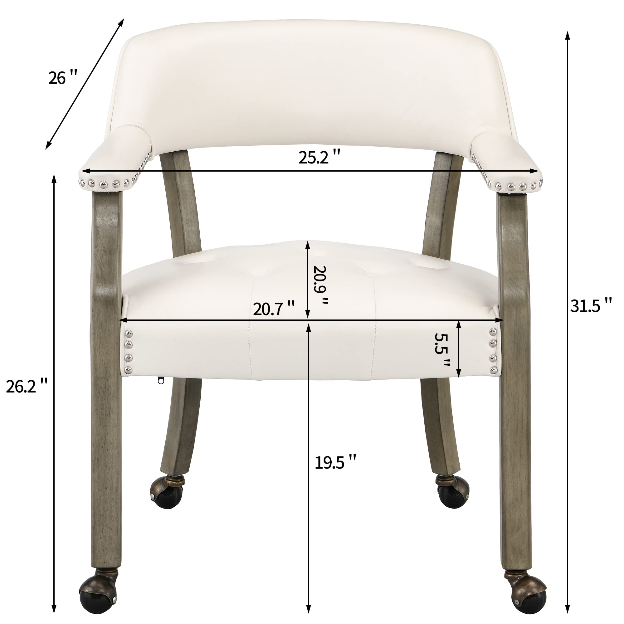 MODERION Swivel Dining Chairs with Wheels & Arms - Solid Wood Executive Office Chairs, Upholstered Desk Chairs, Classic Accent Chairs for Living Room (31.5