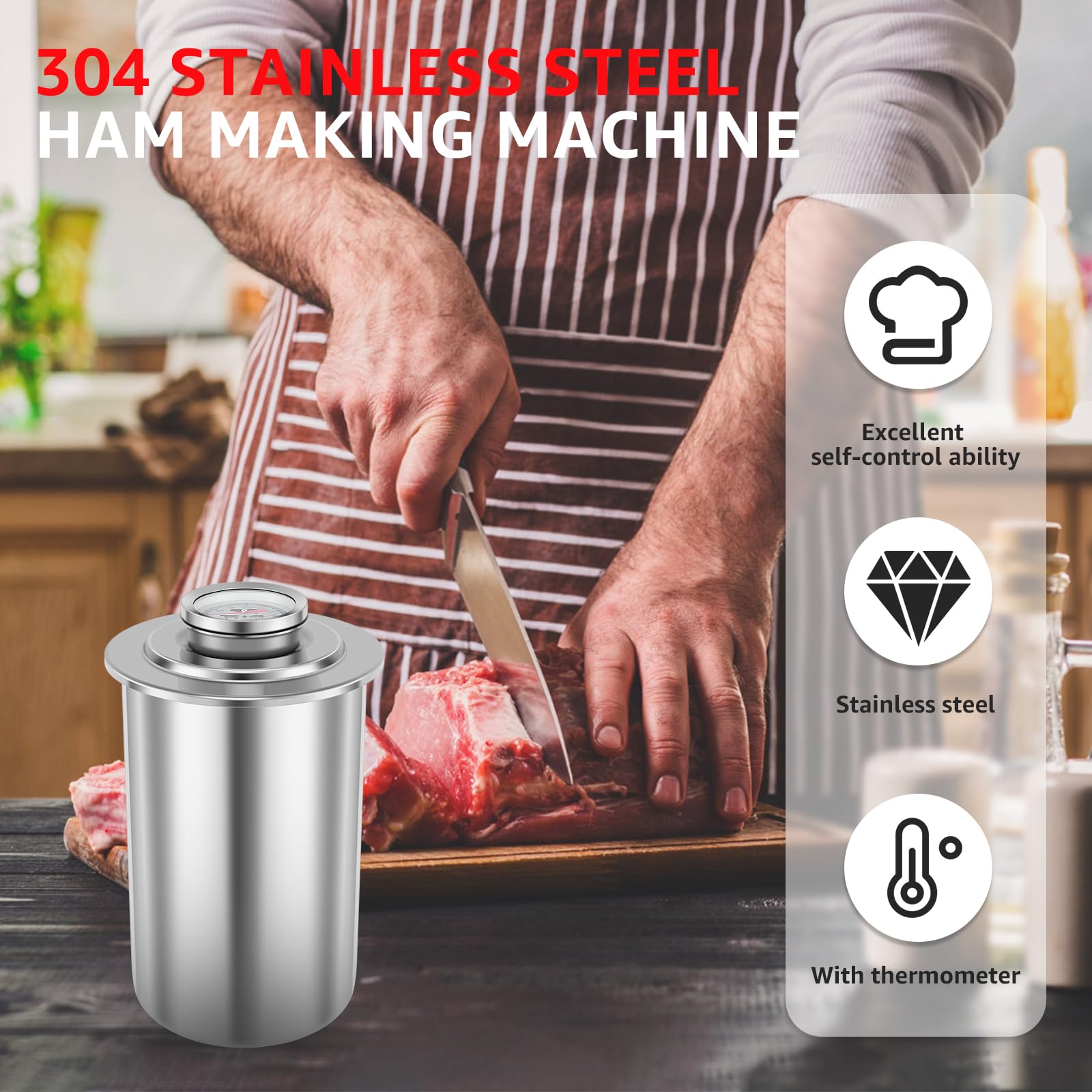 Premium Stainless Steel Ham Maker & Meat Press - Large Capacity with Built-in Thermometer for Homemade Deli Ham, Sandwich Meat & Healthy Lunch Prep | Perfect for Home Kitchens, Delis & Meal Prepping