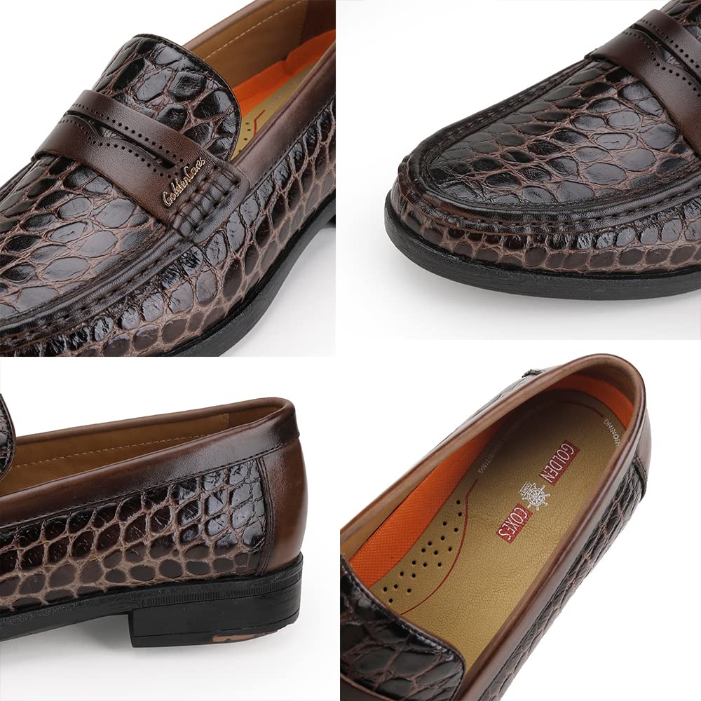 Premium Men's Leather Penny Loafers - Formal Dress Shoes with Crocodile Print | Soft Slip-On Comfort | Ideal for Business, Office & Wedding Occasions