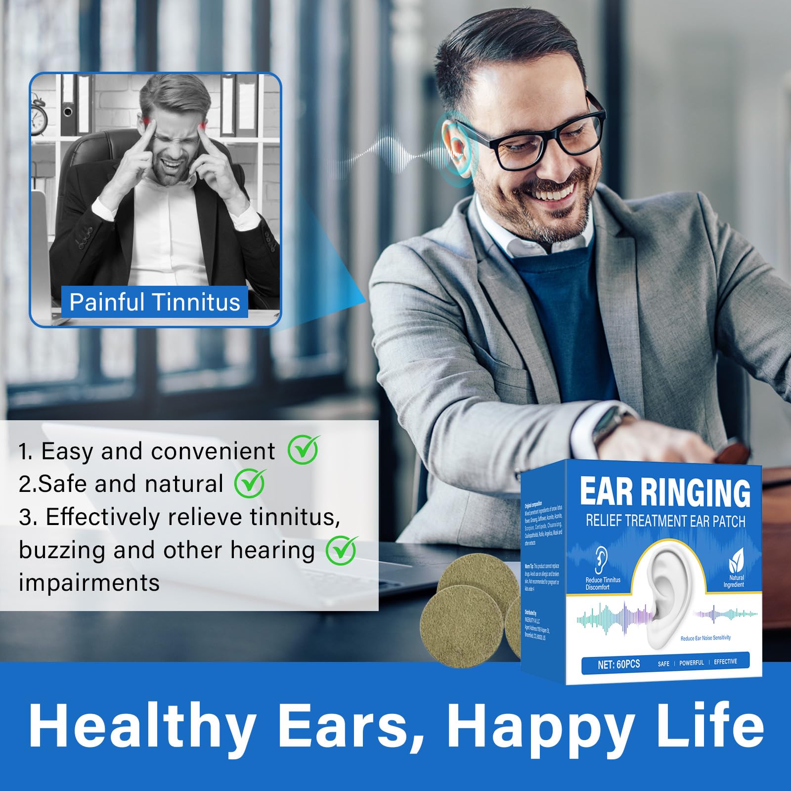 60 PCS Natural Tinnitus Relief Patches for Ringing Ears - Reduce Ear Noise & Improve Ear Discomfort with Herbal Ingredients | Effective Tinnitus Treatment for Sleep, Work & Daily Activities
