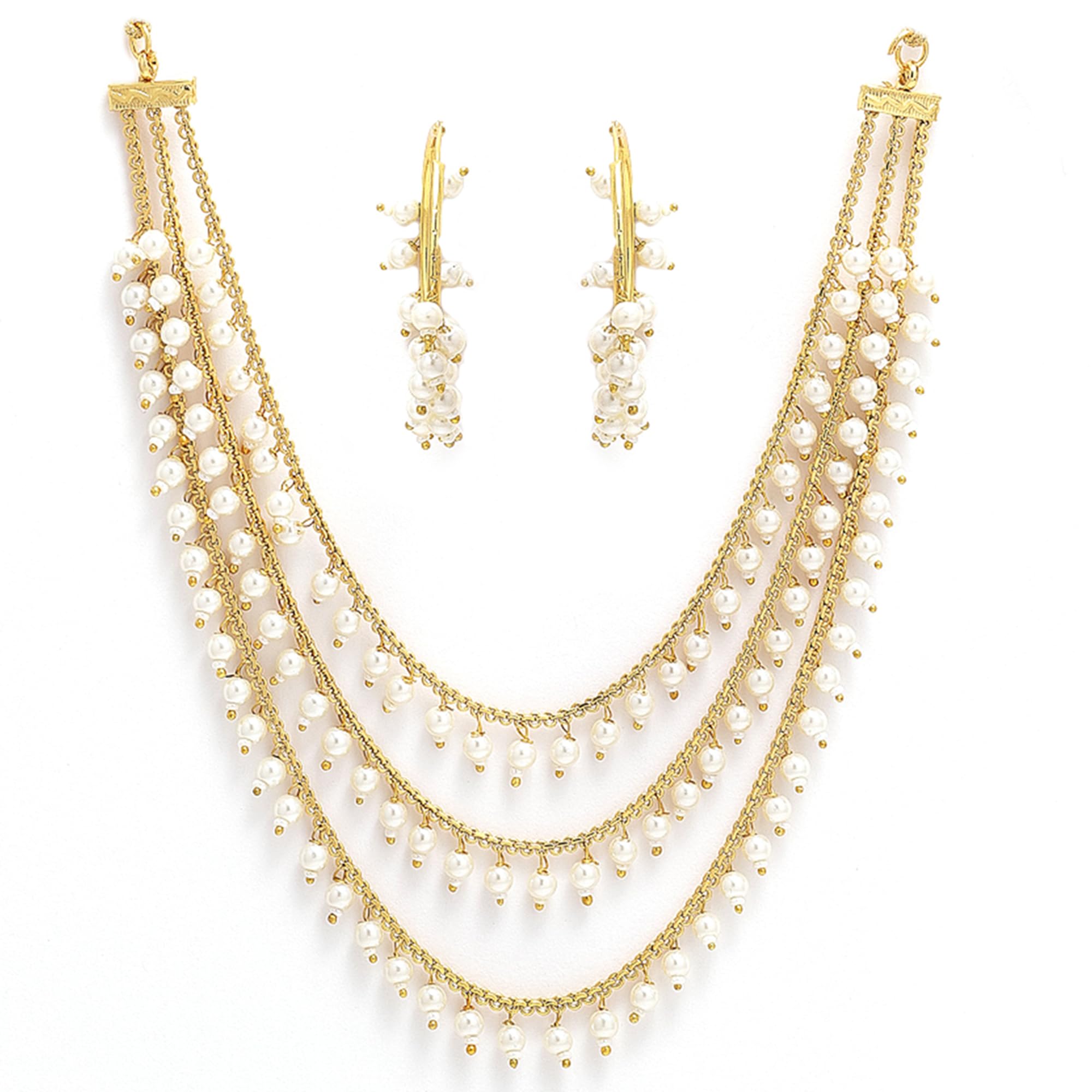 ZENEME 3-Layer Multi-Colored Pearl & Gold Plated Necklace & Earrings Set for Women | Traditional Jewelry Gift for Girls | Perfect for Weddings, Parties & Special Occasions