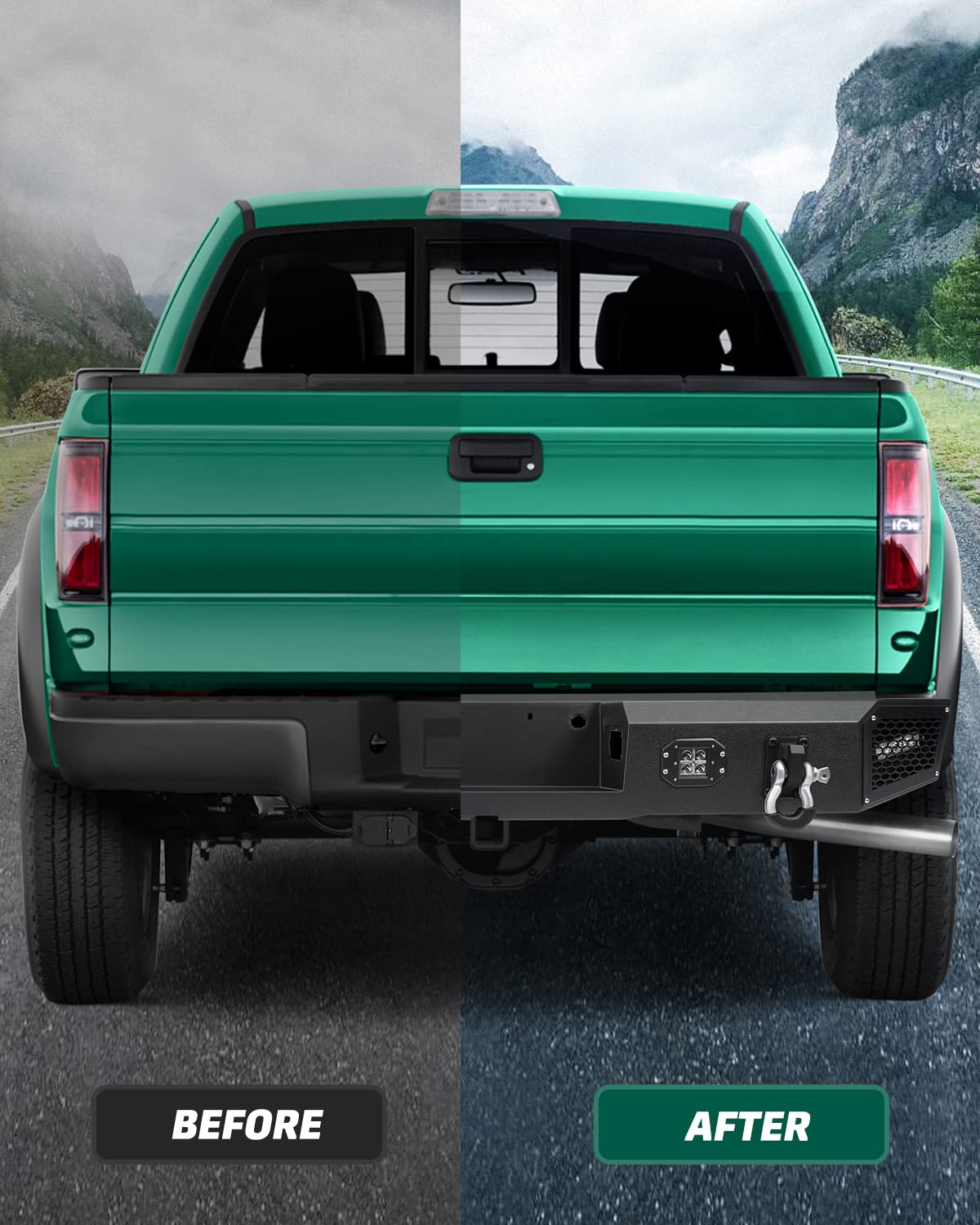 SCITOO Rear Bumper Replacement for 2015-2017 Ford F-150 with D-Ring & LED Lights - Textured Black - Heavy Duty Truck Accessory for Off-Roading & Towing