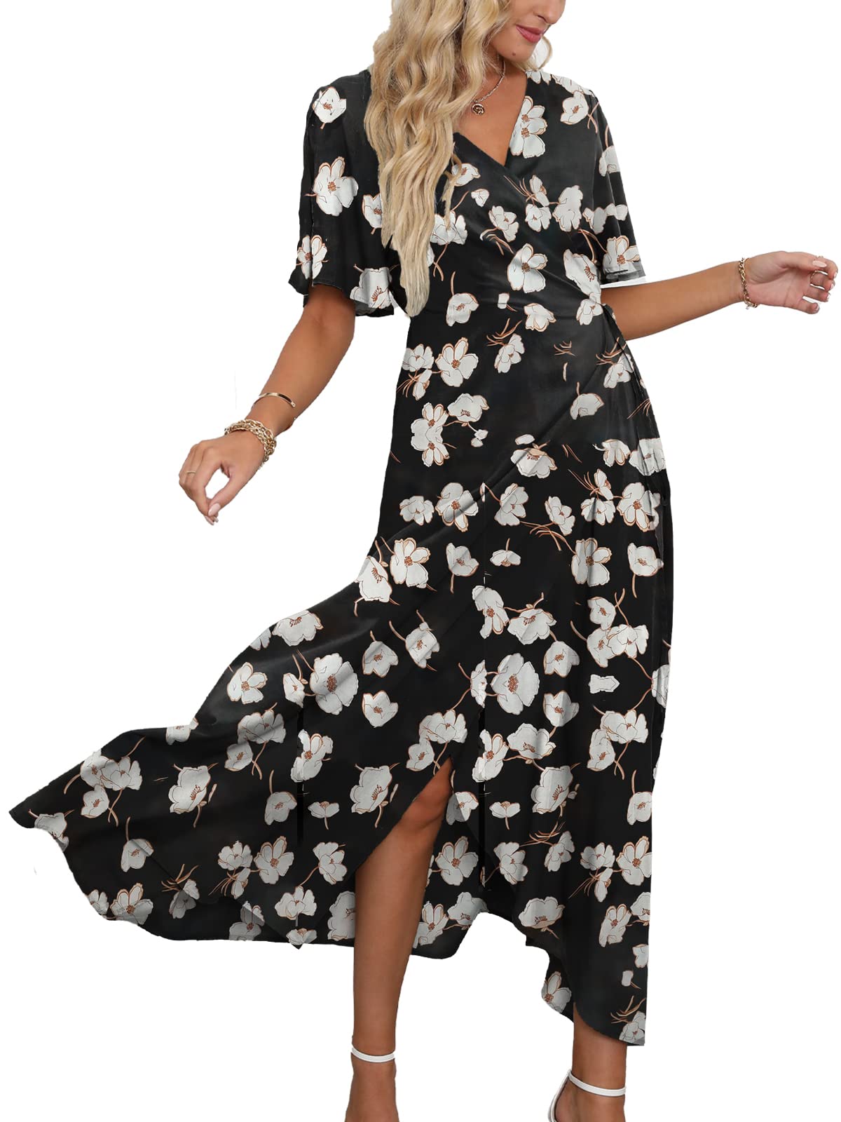 DEEP SELF Women's Summer V-Neck Short Sleeve Wrap Maxi Dress with Waist Tie - Flowy Casual Long Dress for Beach, Vacation & Date Night