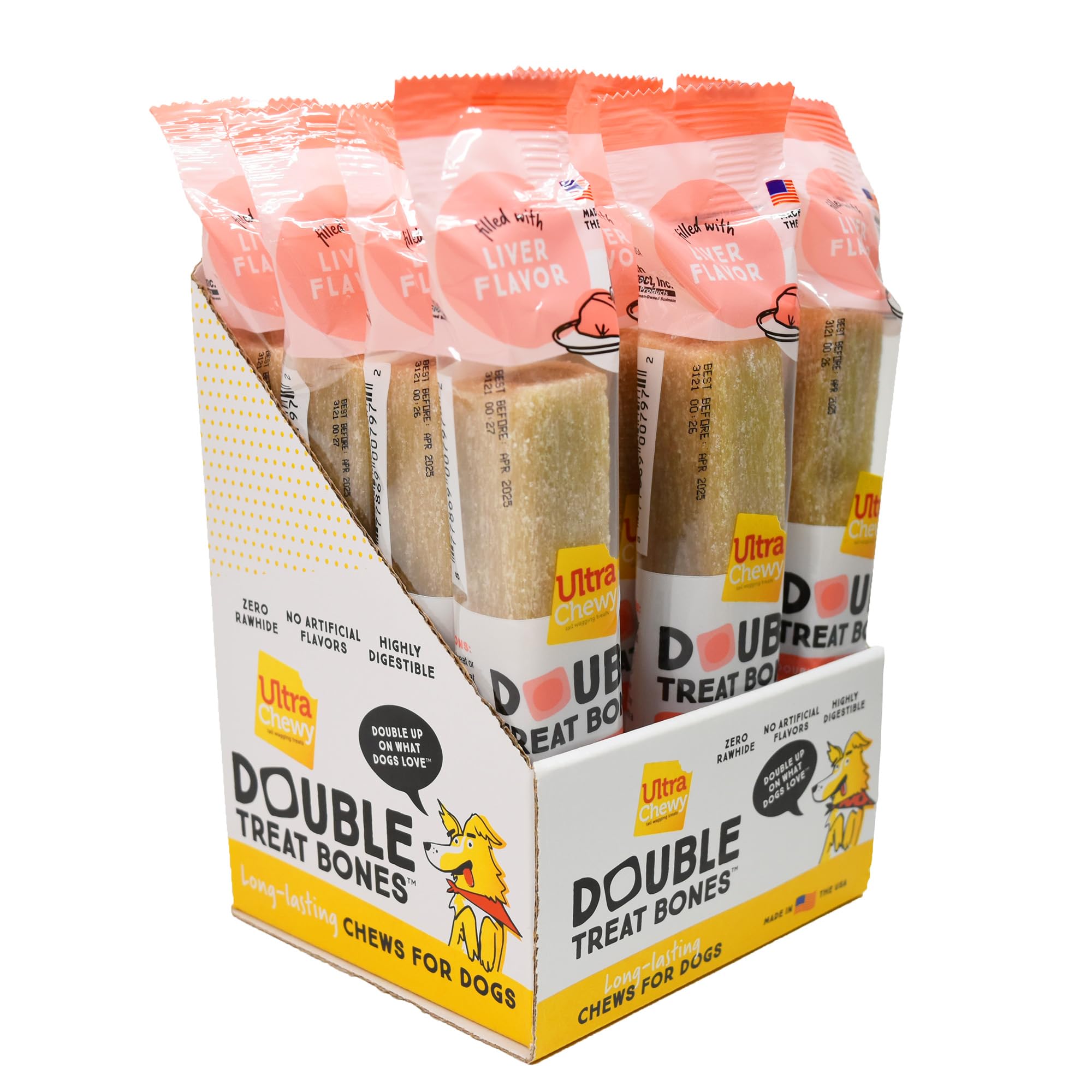 Premium USA-Made Ultra Chewy Liver Double Treat Bones - Long-Lasting, Highly Digestible Dog Treats for Large & Small Breeds - Ideal for Aggressive Chewers (12 Count) - Perfect for Training Rewards & Dental Health