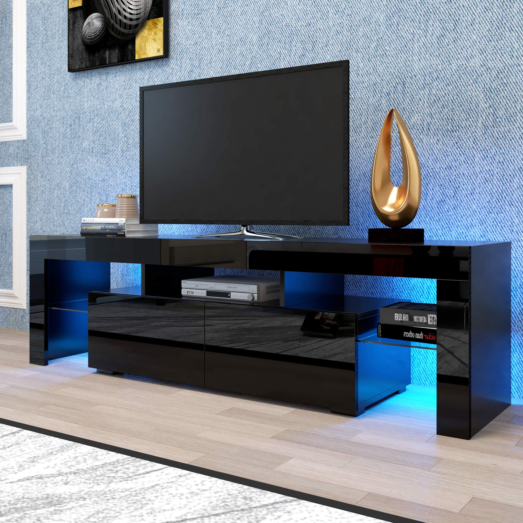 Goujxcy TV Stand Entertainment Center with 20 LED Color Changing Lights - Modern Living Room TV Console Table & Storage Cabinet for 65 Inch TVs (Black) - Perfect for Home Theater Setup & Living Room Organization