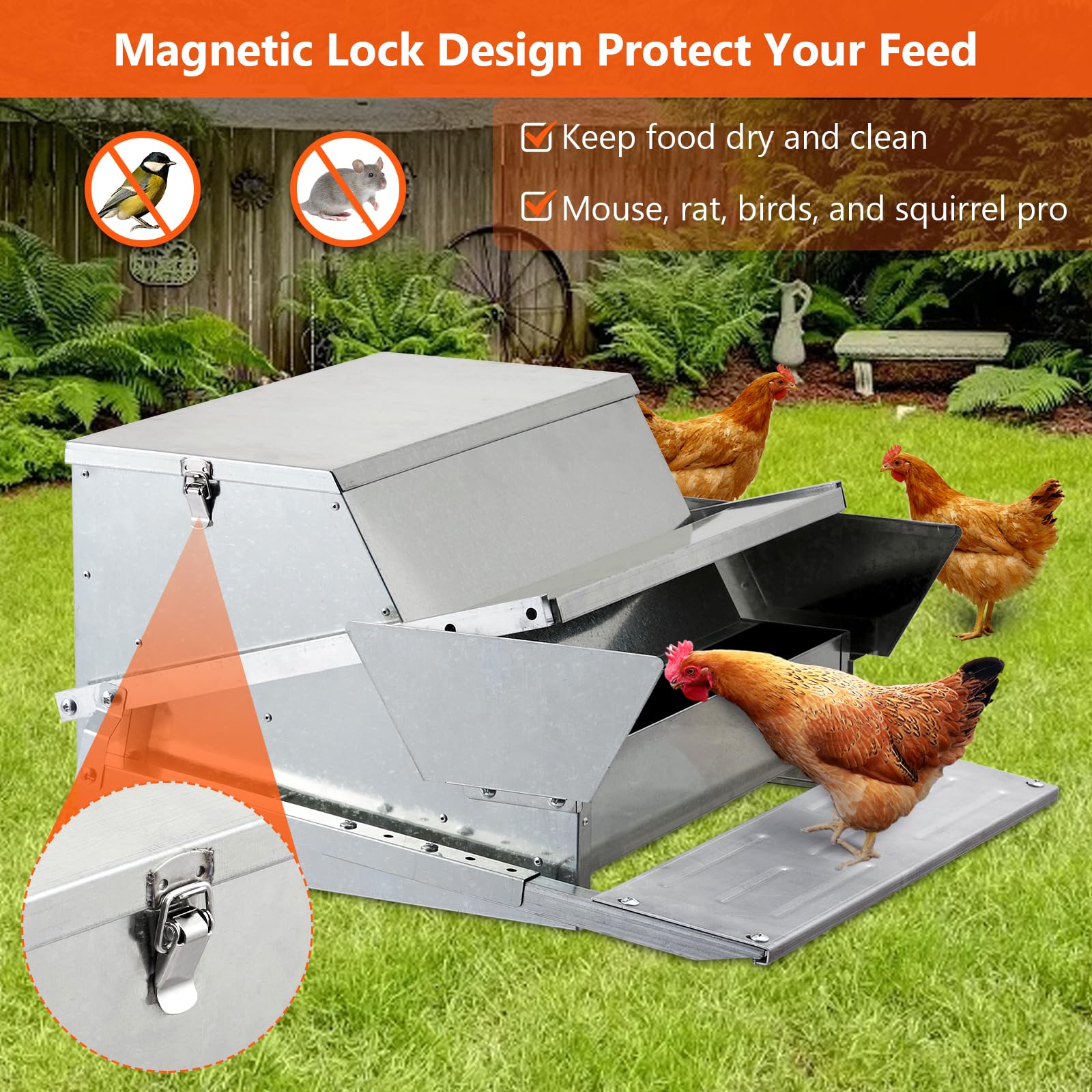 GARVEE 27LBs Automatic Chicken Feeder - Heavy Duty Galvanized Steel Poultry Feeder for Hens, Ducks & Birds - Outdoor Farm & Backyard Chicken Coop Accessories - Perfect for Free Range, Small Farms & Homesteads