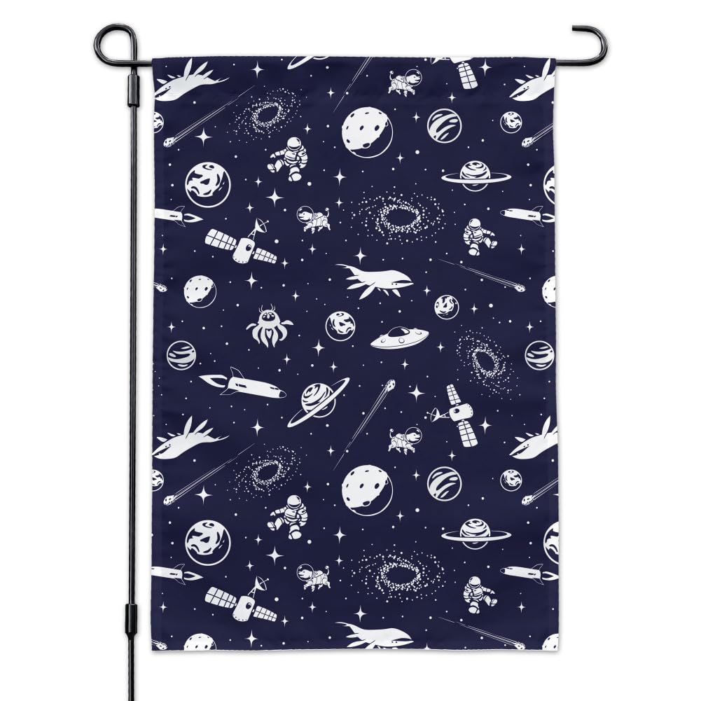 Vibrant Space Themed Garden Flag with Stars, Planets, Aliens, Astronauts & Spaceships - Perfect for Outdoor Decor, Yard Art & Sci-Fi Enthusiasts
