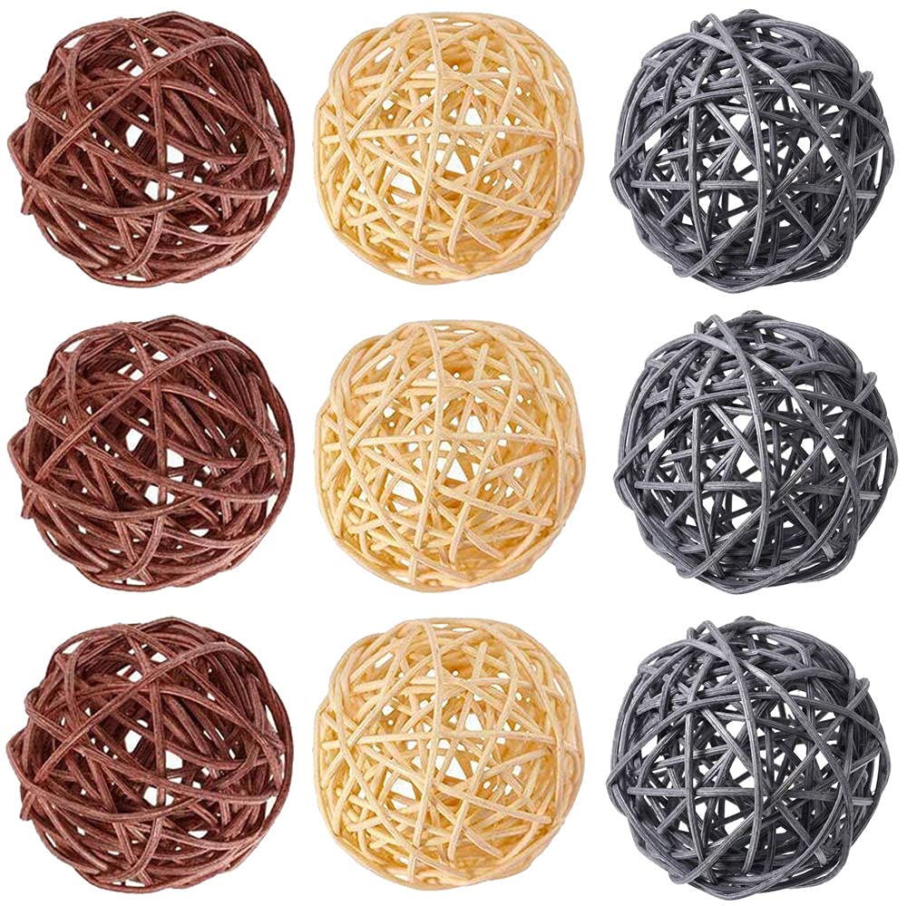 9 Pcs 3 Inch Wicker Balls Decor - Natural Rattan Balls for Home Decor, DIY Vase Filler, Wedding Centerpiece, Nursery & Baby Room Decoration (Natural, Coffee, Gray) - Perfect for Boho, Farmhouse & Rustic Style Decorating