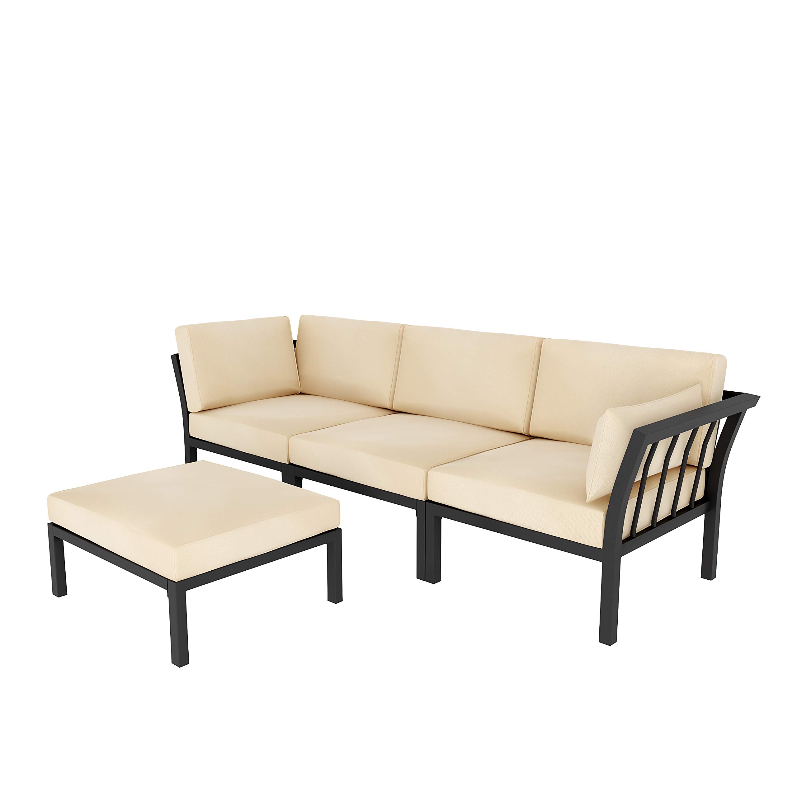 4-Piece Patio Sectional Sofa Set with Cushions - Outdoor Metal Conversation Furniture for Garden, Lawn, Poolside - Khaki Color - Perfect for Backyard Relaxation, Entertaining Guests & Summer Lounging