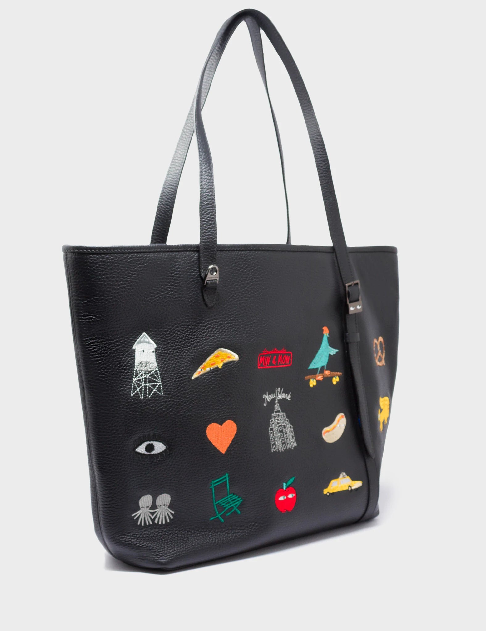 Bruno Black Leather Tote Bag with Eye Love New York Embroidery - Stylish Women's Handbag for Work, Travel & Everyday Use