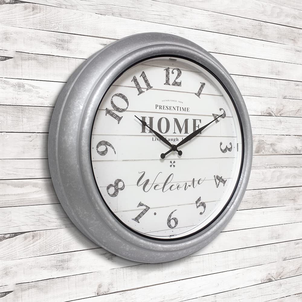 Presentime & Co 18 Inch Vienna Modern Farmhouse Wall Clock - Indoor/Outdoor Shiplap Style with Galvanized Silver Finish & Smart Sensor Night Light - Perfect for Living Room, Bedroom, Patio, and Garden Decor