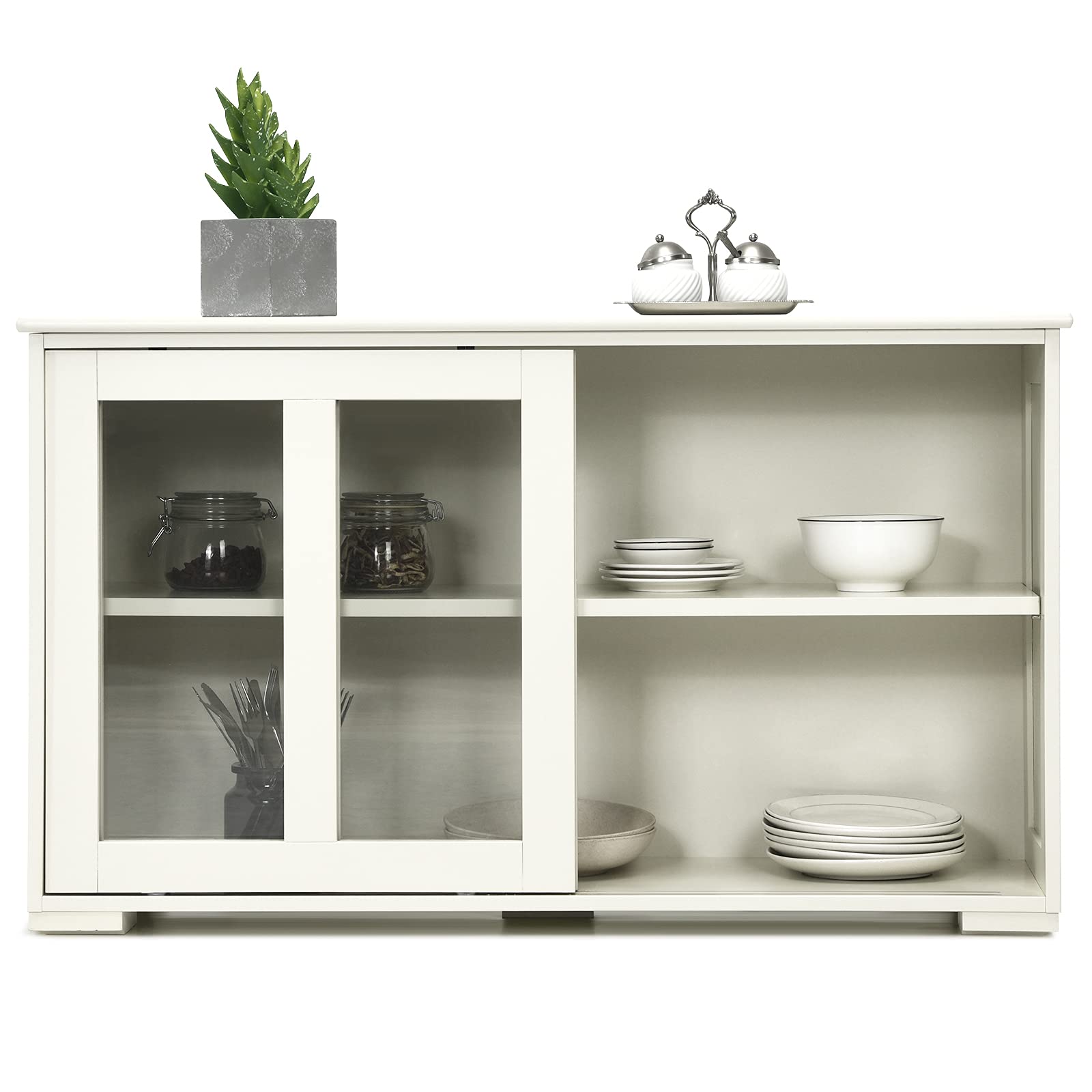 Costzon Wooden Sideboard Buffet Cabinet with Adjustable Shelf & Sliding Glass Doors - Cream White Kitchen Storage Cabinet, Coffee Bar Console Table for Living Room, Dining Room, Hallway | Perfect for Home Decor, Entertaining Guests & Organizing Dishes