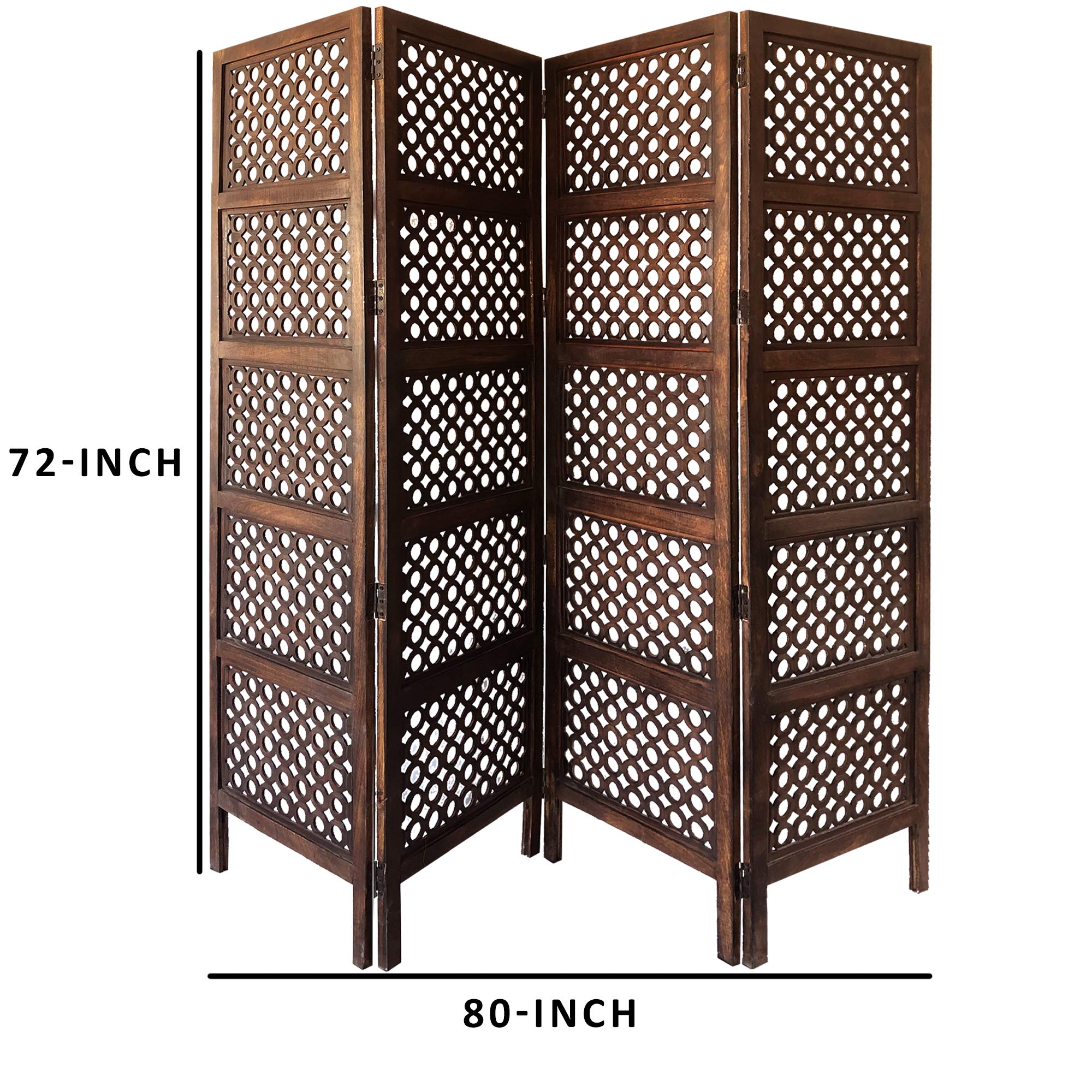 Benjara 4-Panel Mango Wood Room Divider with Circular Cutout Design - Brown Wooden Folding Screen for Living Room, Bedroom, and Office Partition