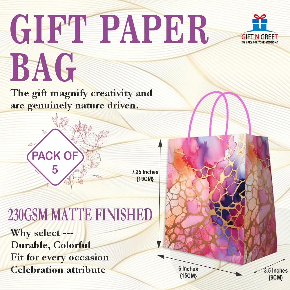 Premium Matte Marble Party Favor Bags - 15x9x19cm Small Gift Bags for Weddings, Birthdays & Holidays (Pack of 5) | Elegant Party Decor & Present Wrapping Solution
