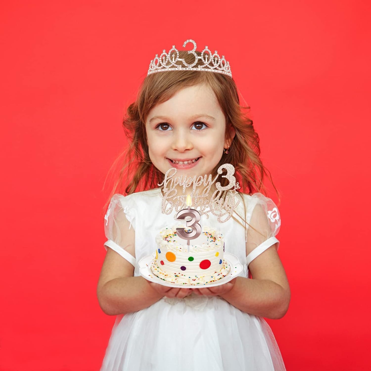 3rd Birthday Party Decorations for Girls - Pink Princess Tiara, Sash, Candles & Cake Toppers Set | Perfect 3 Year Old Girl Birthday Gifts | Great for Princess Themed Parties, Photo Booths & Birthday Celebrations