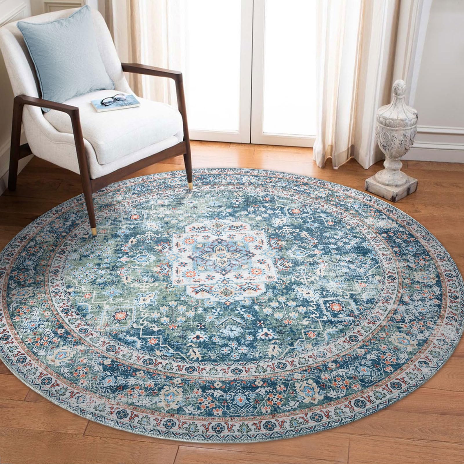 DECOMALL Kalina Washable Bohemian Vintage Area Rug - Foldable Non-Slip Carpet for Living Room, Bedroom, Dining Room & Kitchen - 8x8 Feet Green Rug - Perfect for Boho Home Decor & High Traffic Areas