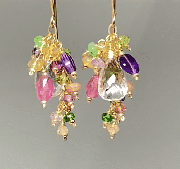 Gold Filled Crystal Quartz Dangle Earrings with Multi Gemstone Cluster - Elegant Jewelry for Women, Perfect for Parties, Weddings & Special Occasions