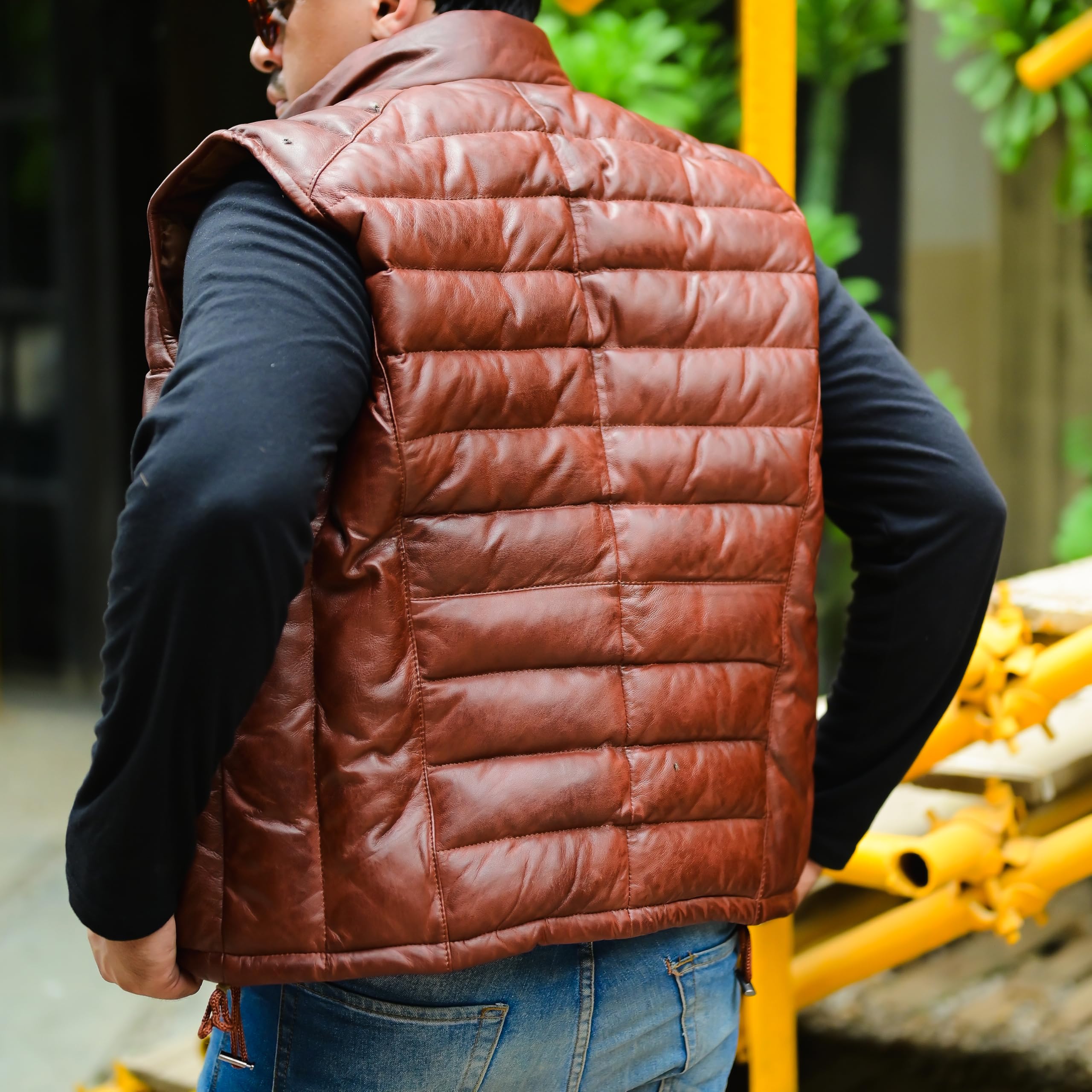 Jild Lambskin Leather Puffer Vest with Removable Hood - Stand Collar Sleeveless Jacket for Men | Winter Fashion Outerwear for Casual & Street Style