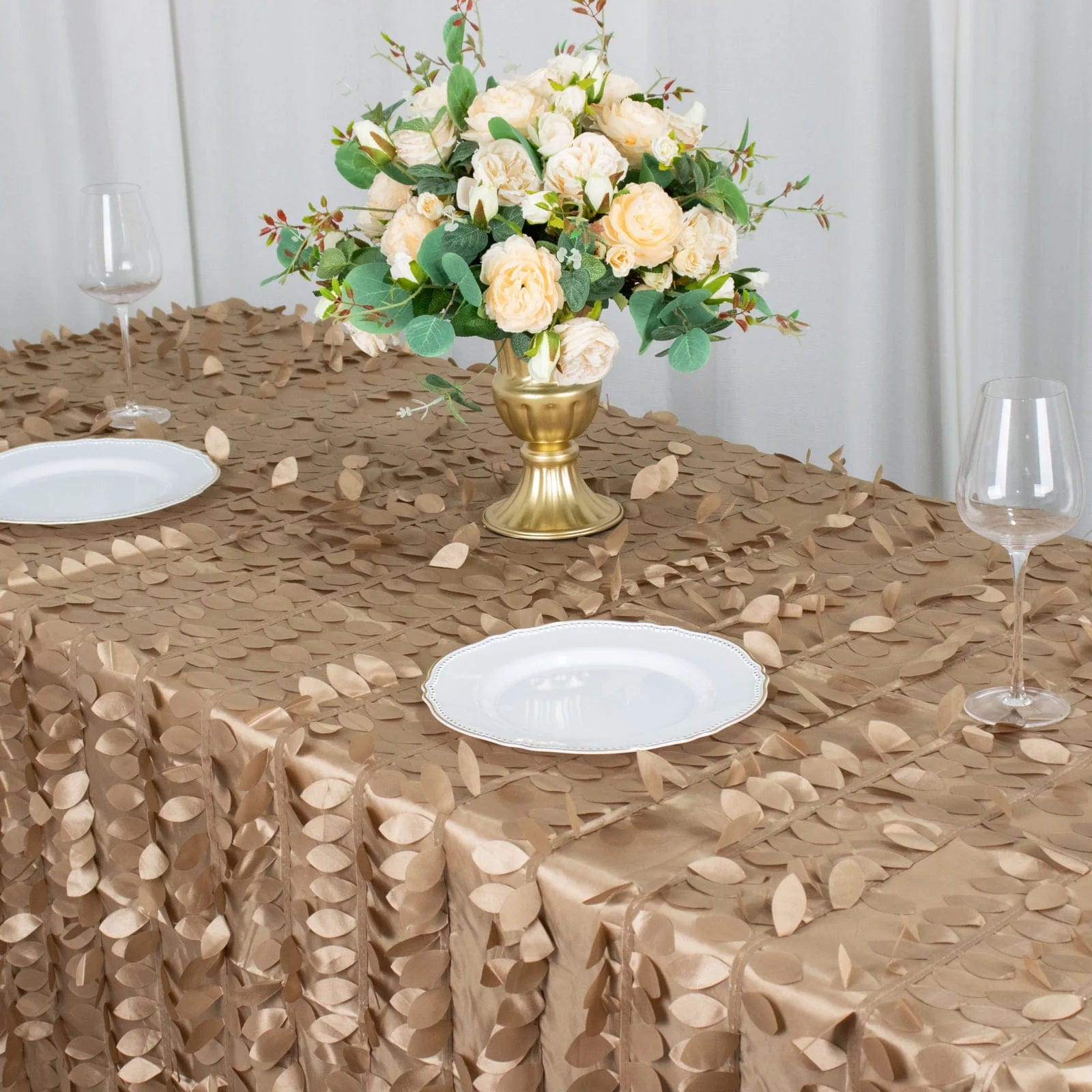 90x132 Inch Taffeta Rectangular Tablecloth with Elegant Leaf Petals Design - Perfect for Wedding, Party, and Home Dining Decor