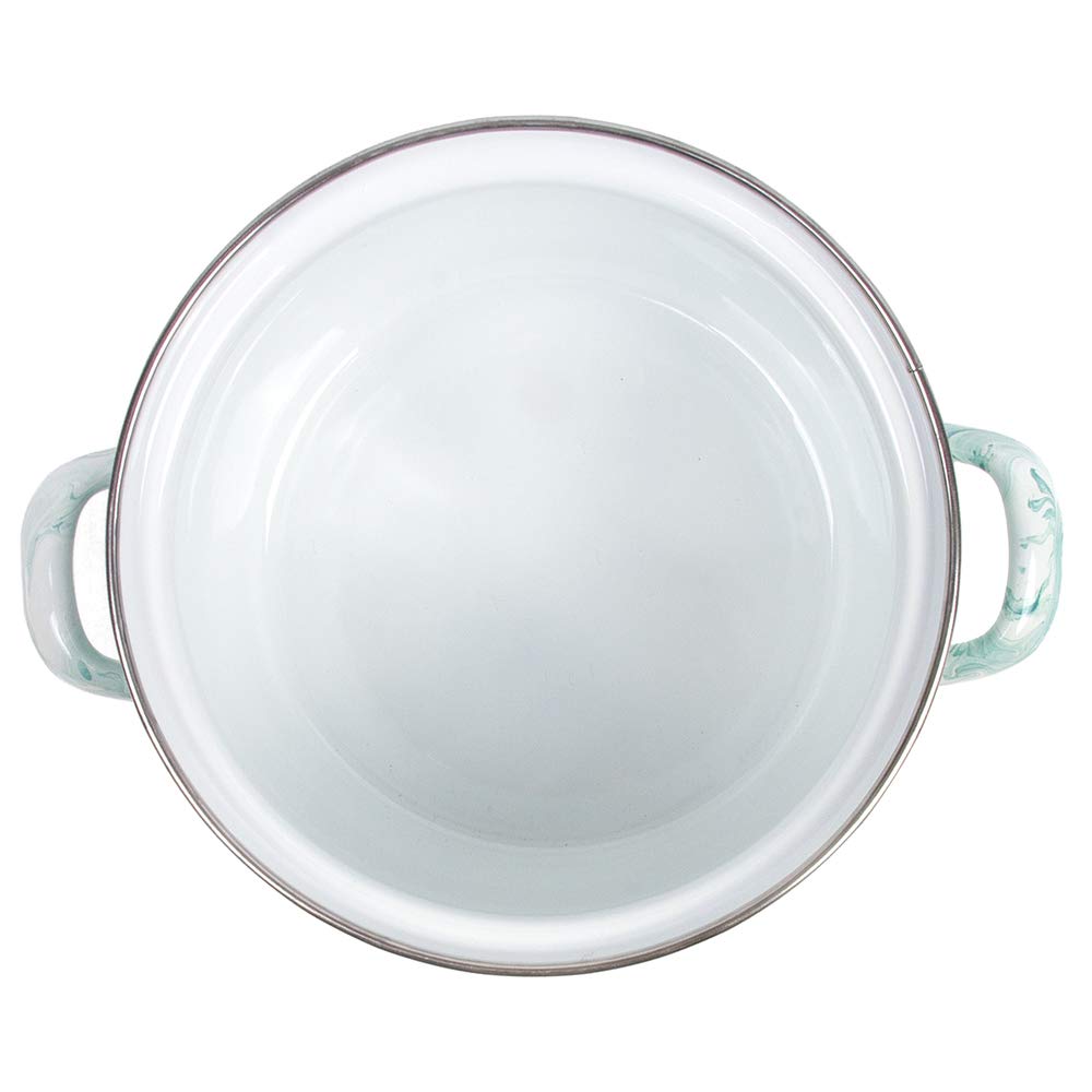 Shake White & Turquoise Enamel Stock Pot with Glass Lid - 5.3 Quart (5L) Enamelware Cooking Pot for Soups, Stews & Pasta - Vintage Style Kitchen Essential for Stovetop & Oven Use