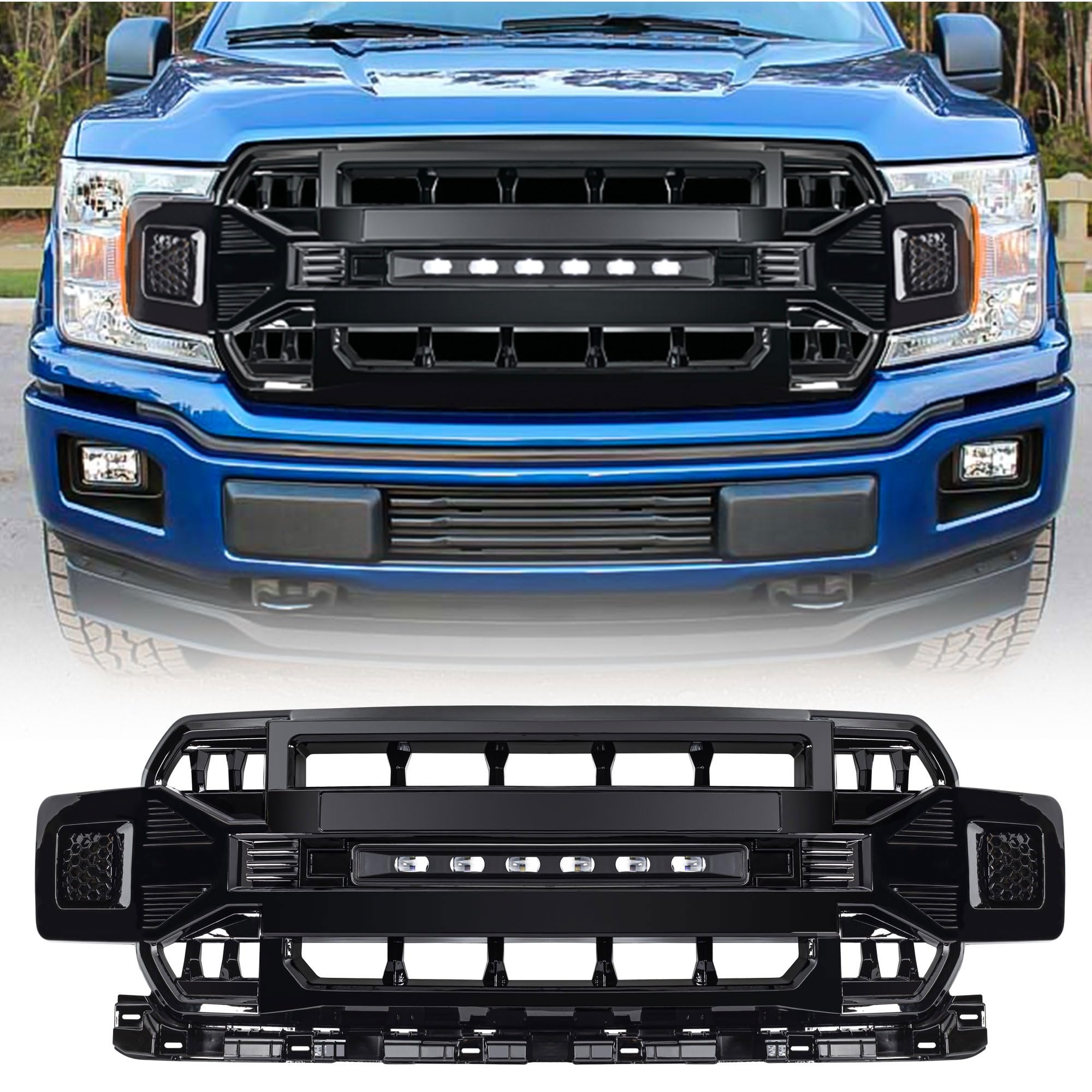 2018-2020 Ford F150 Direct Fit Replacement Front Grille with Off-Road Lights | Glossy Black Armor Grille | Perfect for Off-Roading & Truck Customization