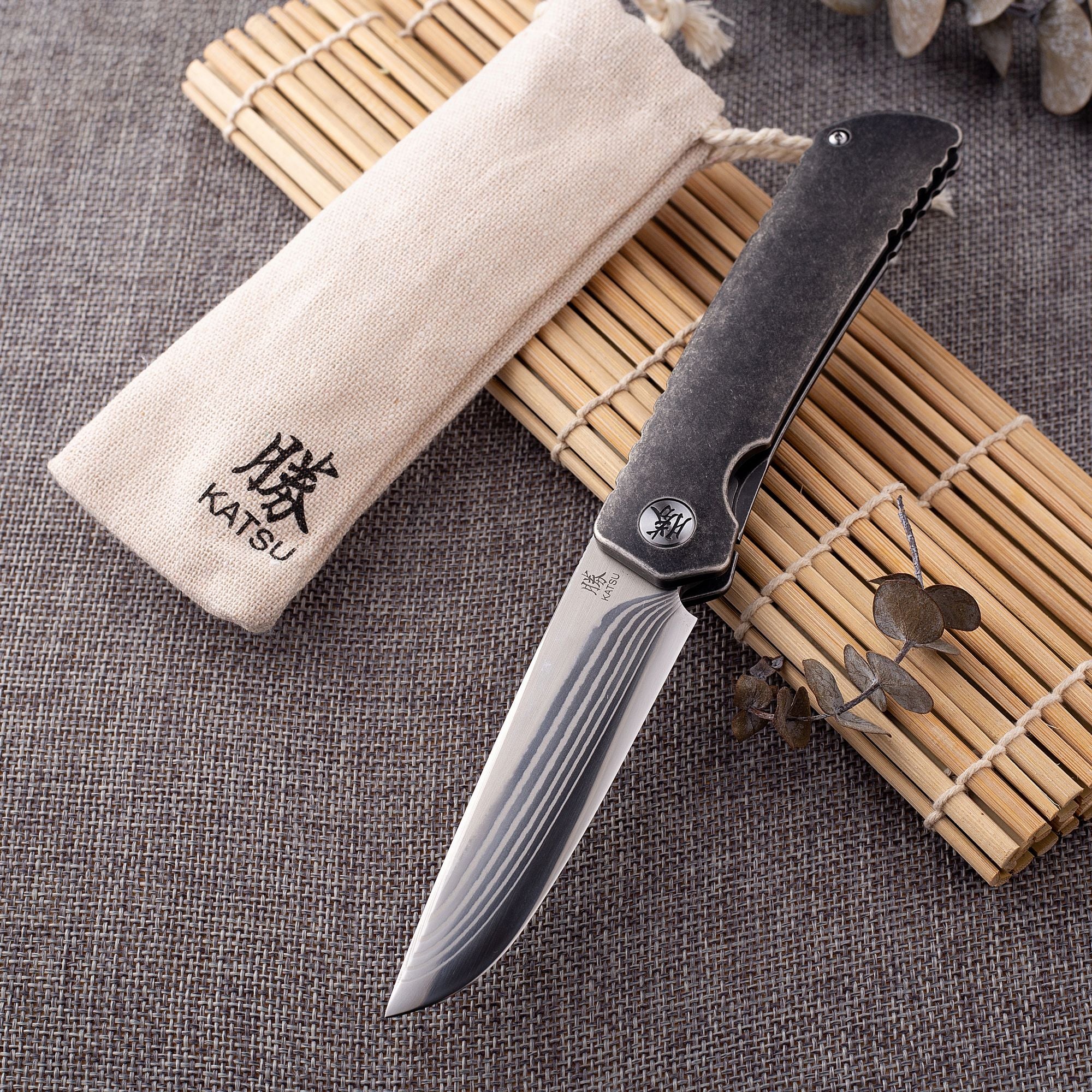 KATSU ZK02 Folding Pocket Knife - 17 Layers ZDP-189 Super Steel Blade, Titanium Alloy Handle & Frame Lock, Leather Sheath | EDC, Camping, Hunting & Outdoor Survival Gear