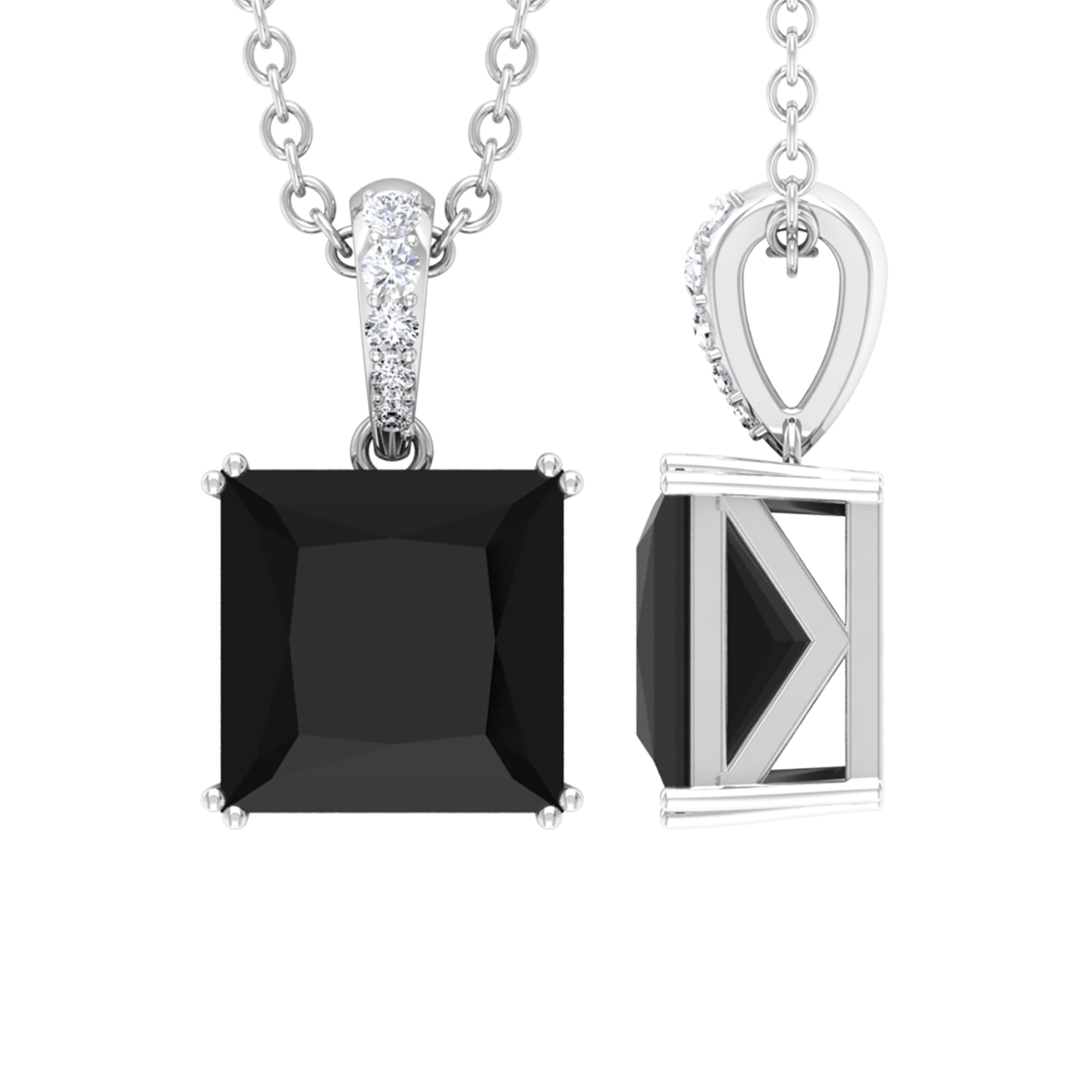 7mm Princess Cut Black Onyx & Moissanite Solitaire Pendant Necklace - 14K Solid Gold Women's Jewelry for Elegant Evenings & Special Occasions
