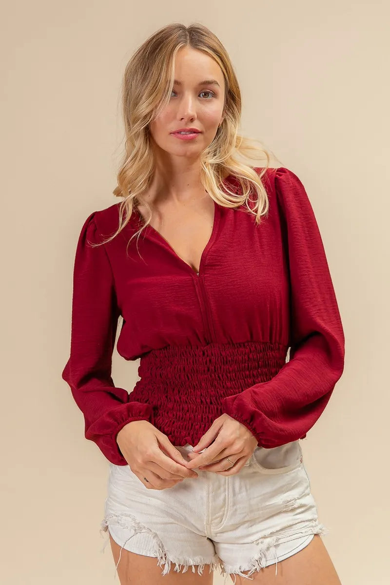 BiBi Smoking Waist Band & Puff Sleeves Deep V Neck Top - Sexy Women's Blouse for Night Out, Party & Date Night