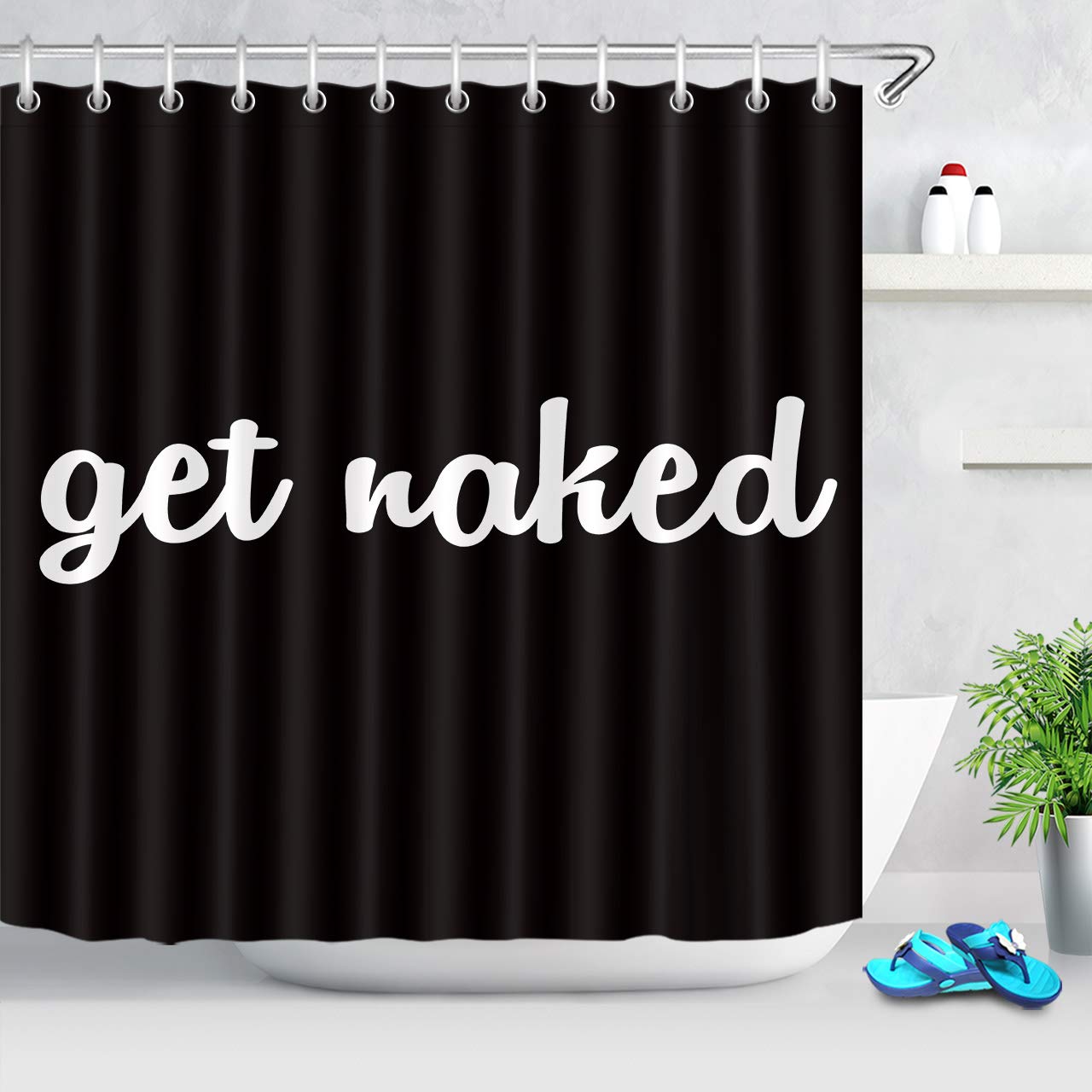 Funny Get Naked Shower Curtain Set - 72x72 Inch Waterproof Polyester Bathroom Decor with Hooks - Modern Black & White Quote Design for Bath, Shower, and Spa - Perfect for Home, Apartment, and Vacation Rental Decor
