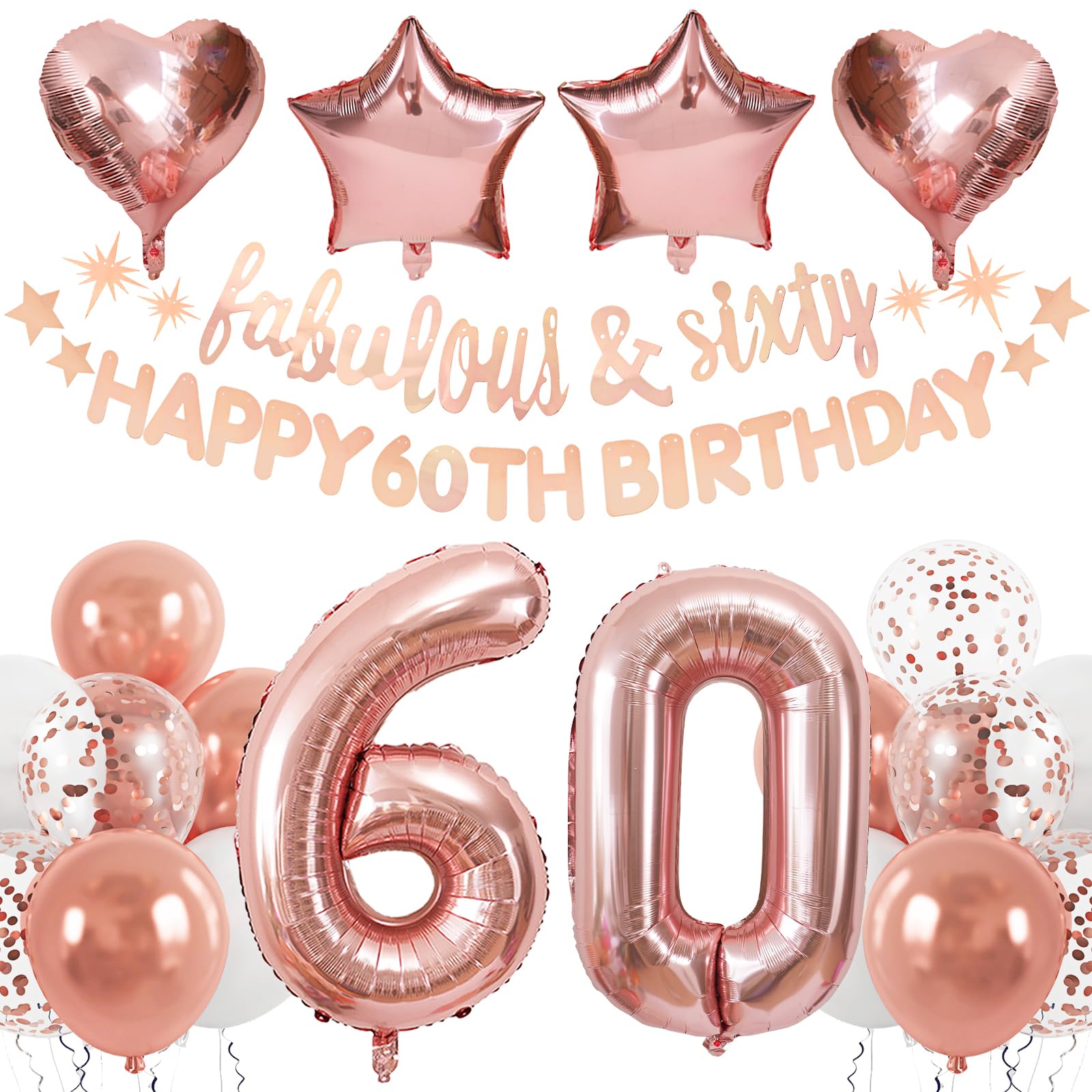 Rose Gold 60th Birthday Party Decorations for Women - Happy Birthday Banner, Number Foil Balloons & Party Supplies - Perfect for Milestone Celebrations, Retirement Parties & Special Occasions