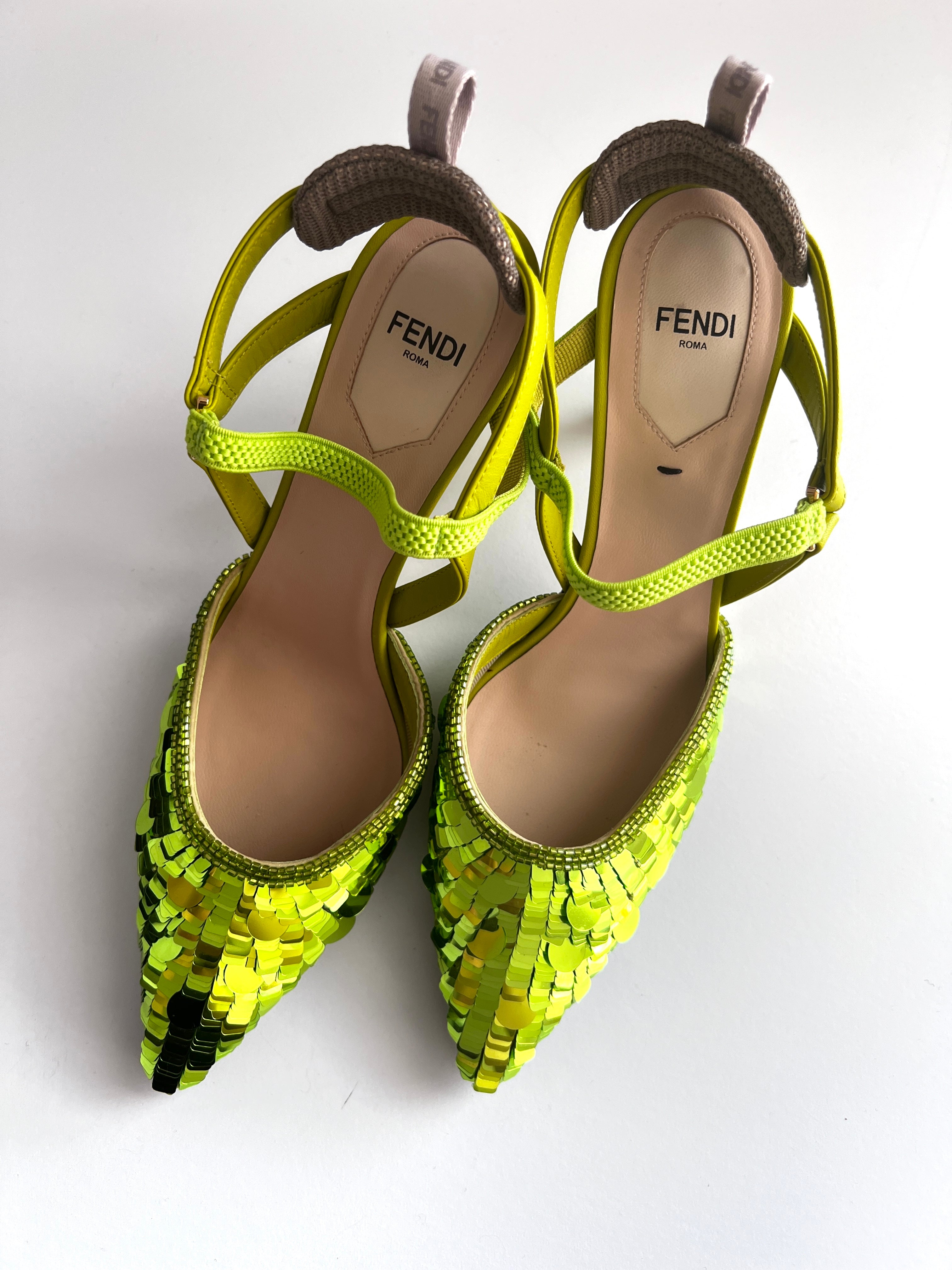 Fendi Women's Green Sequin High Heels Size 7 | Luxury Party Shoes for Evening Events, Weddings & Special Occasions