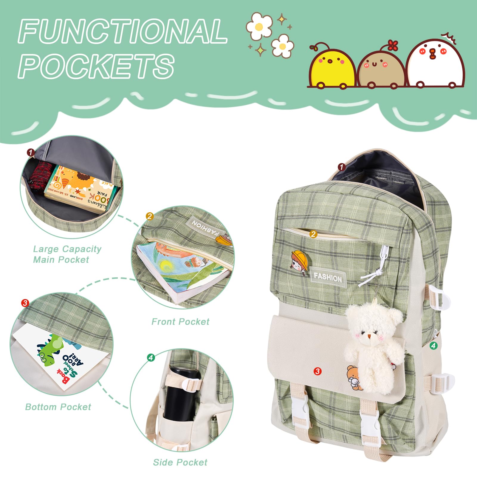 5Pcs Cute Kawaii Bear Plaid Canvas Backpack Set with Pendant & Pins - Stylish School Bags for Girls Teens, Perfect for School, Travel & Daily Use