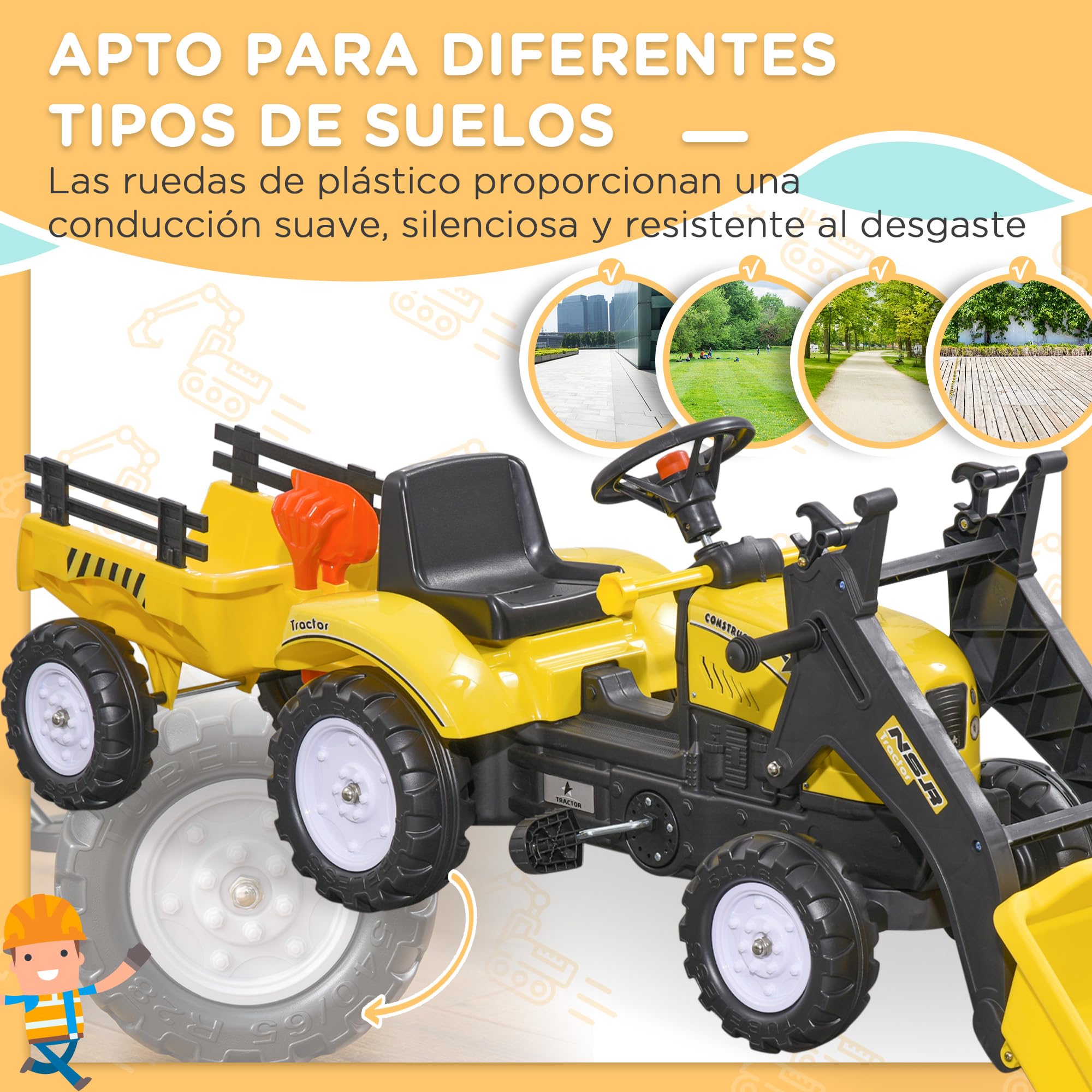 HOMCOM Kids Pedal Tractor Toy for 3 Year Old Boys & Girls - Yellow Ride-On Excavator with Detachable Trailer & Front Loader, 35kg Capacity (167x41x52cm) - Perfect for Outdoor Play, Birthday Gifts & Backyard Fun
