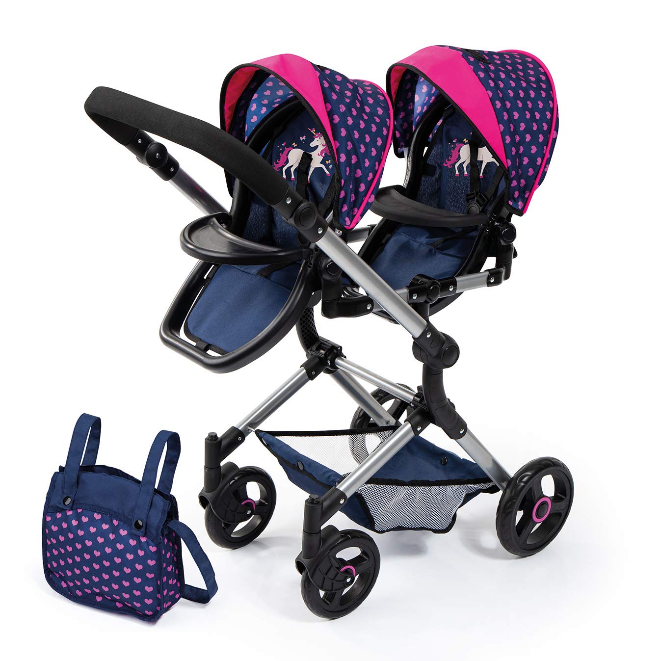 Bayer Twin Doll Stroller Neo - Blue with Unicorn & Hearts Design, 18 Inch Baby Doll Carrier for Kids Pretend Play & Outdoor Walks