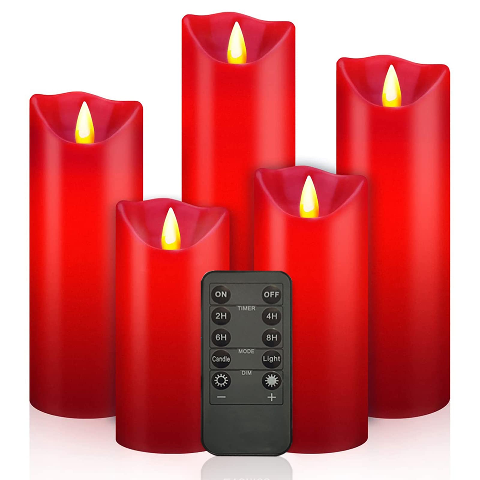 Set of 5 Flameless Flickering LED Candles - Real Wax Battery-Operated Pillar Candles with 10-Key Remote & Timer - Warm Red Color - Perfect for Home Decor, Wedding Centerpieces, and Romantic Ambiance