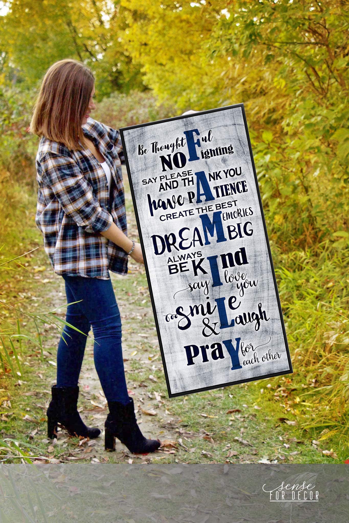 Farmhouse Family Sign Wall Art - Blue & Black Framed Canvas for Living Room Decor