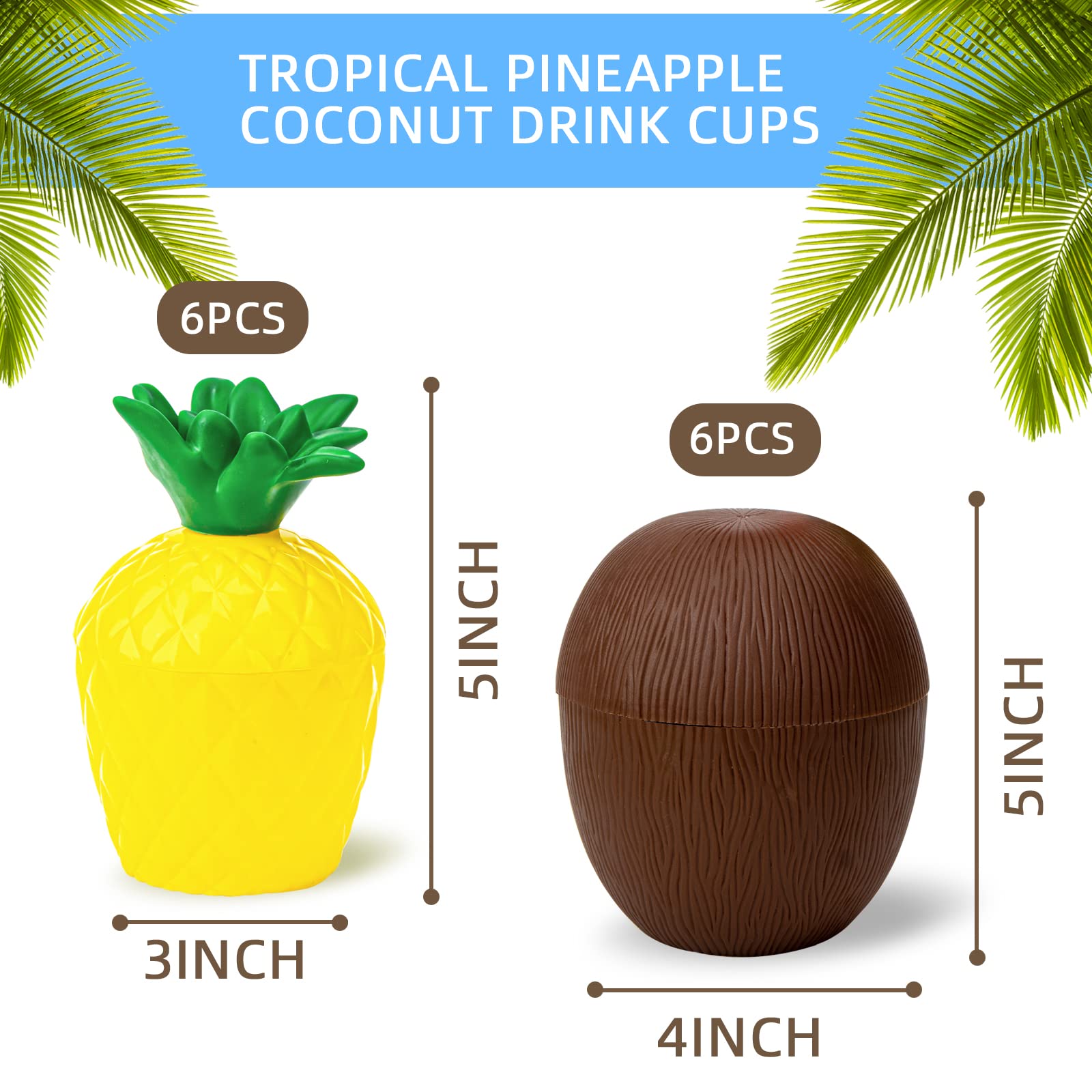 12PCS Pineapple Coconut Cups with Lids & Straws - Tropical Hawaiian Themed Reusable Drinkware for Beach Parties, Luau Celebrations, Birthday Events & Summer Gatherings - BPA-Free Plastic Cocktail Cups for Poolside Drinks and Outdoor Entertaining