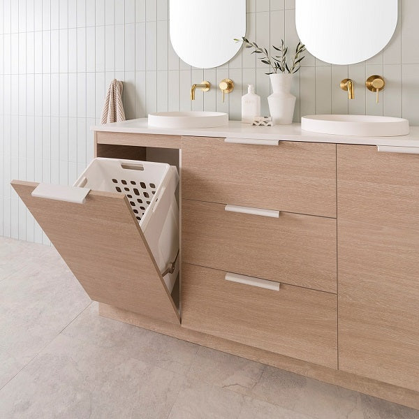 ADP Glacier Pro Hamper Trio Vanity with Solid Surface Top - Stylish Bathroom Storage Organizer for Towels, Toiletries & Laundry - Perfect for Master Bath, Guest Room or Spa Retreat