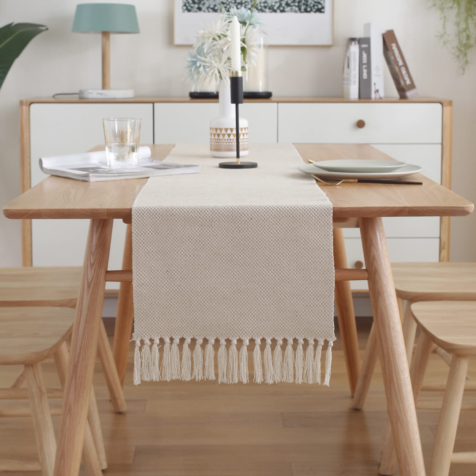 Farmhouse Style Burlap Table Runner, Natural Cotton Linen with Tassel, Rustic Woven Decor for Dining Room, Coffee Table, Dresser Scarf, 13 x 72 Inches, Perfect for Weddings, Parties, and Home Styling
