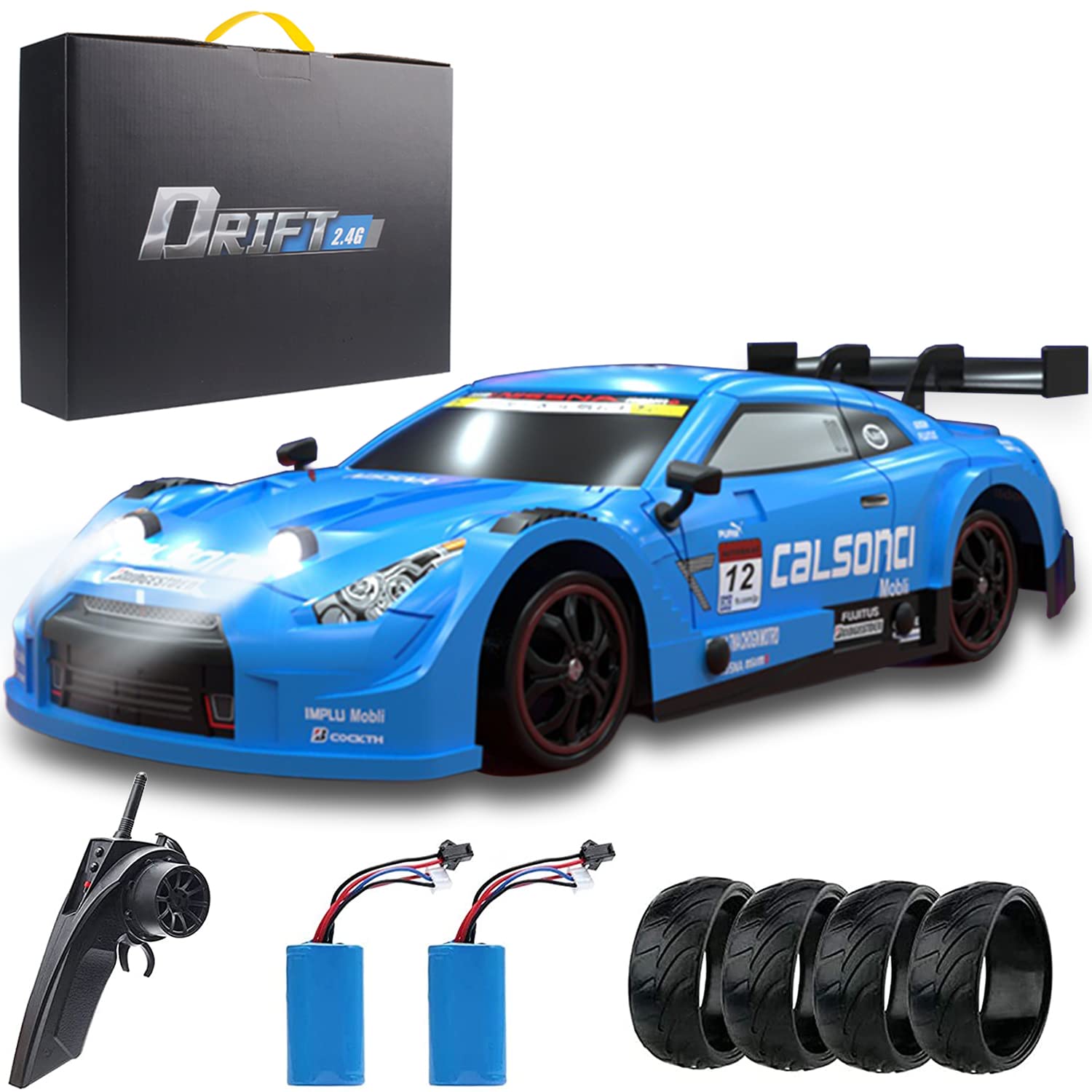 1:14 Scale GT RC Drift Car - 2.4Ghz Remote Control 4WD High Speed Racing Car (35KM/H) with LED Lights, 4 Speed Tires & 4 Drift Tires - Perfect for Hobby Drifting, Sport Racing and Boys' Toy Cars - Great for Indoor/Outdoor Racing, Backyard Drifting and RC Car Competitions