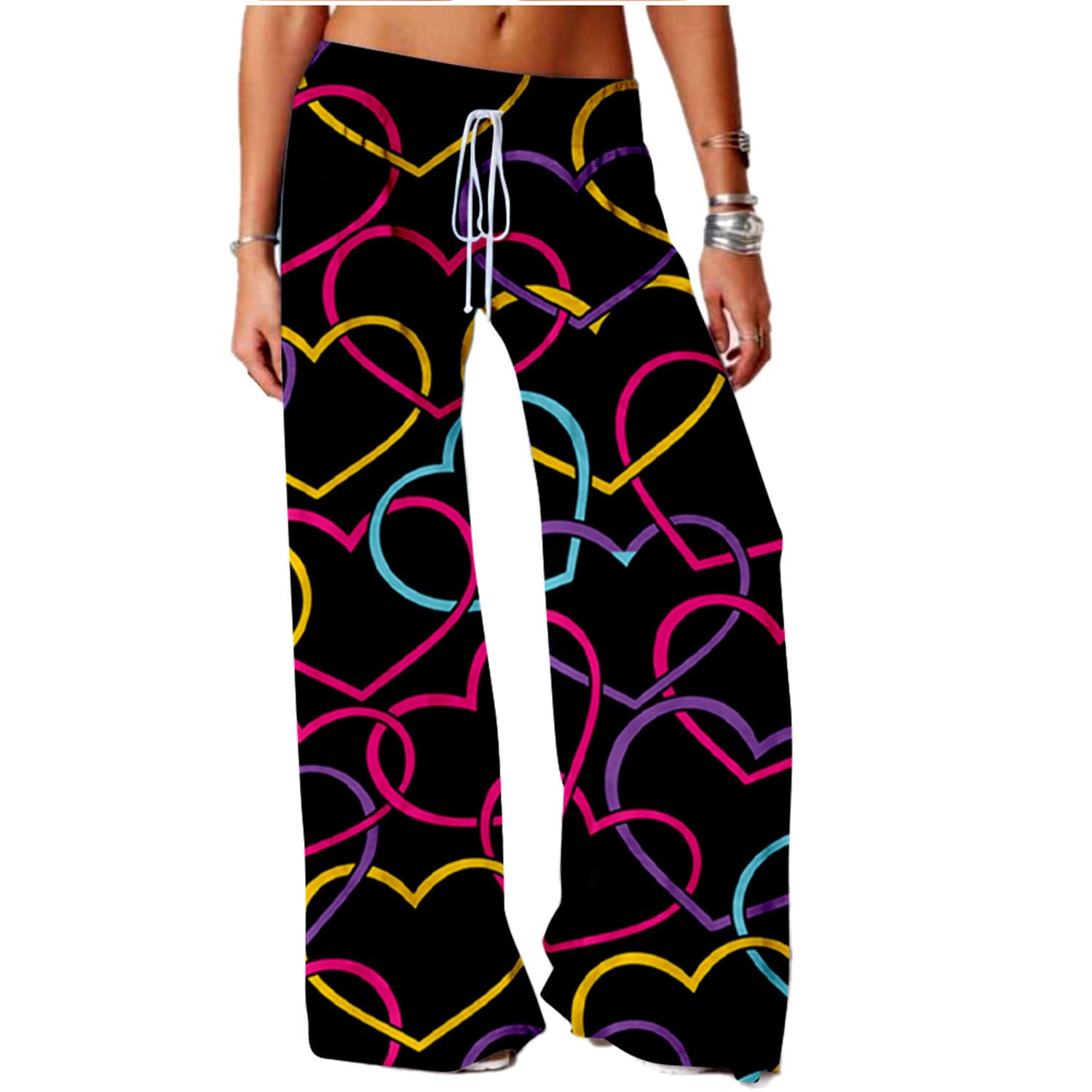 SIAOMA Women's Heart Print Wide Leg Pants - Soft Stretch Casual Trousers for Lounge, Work & Everyday Wear | Comfortable Elastic Waist Pants for Women