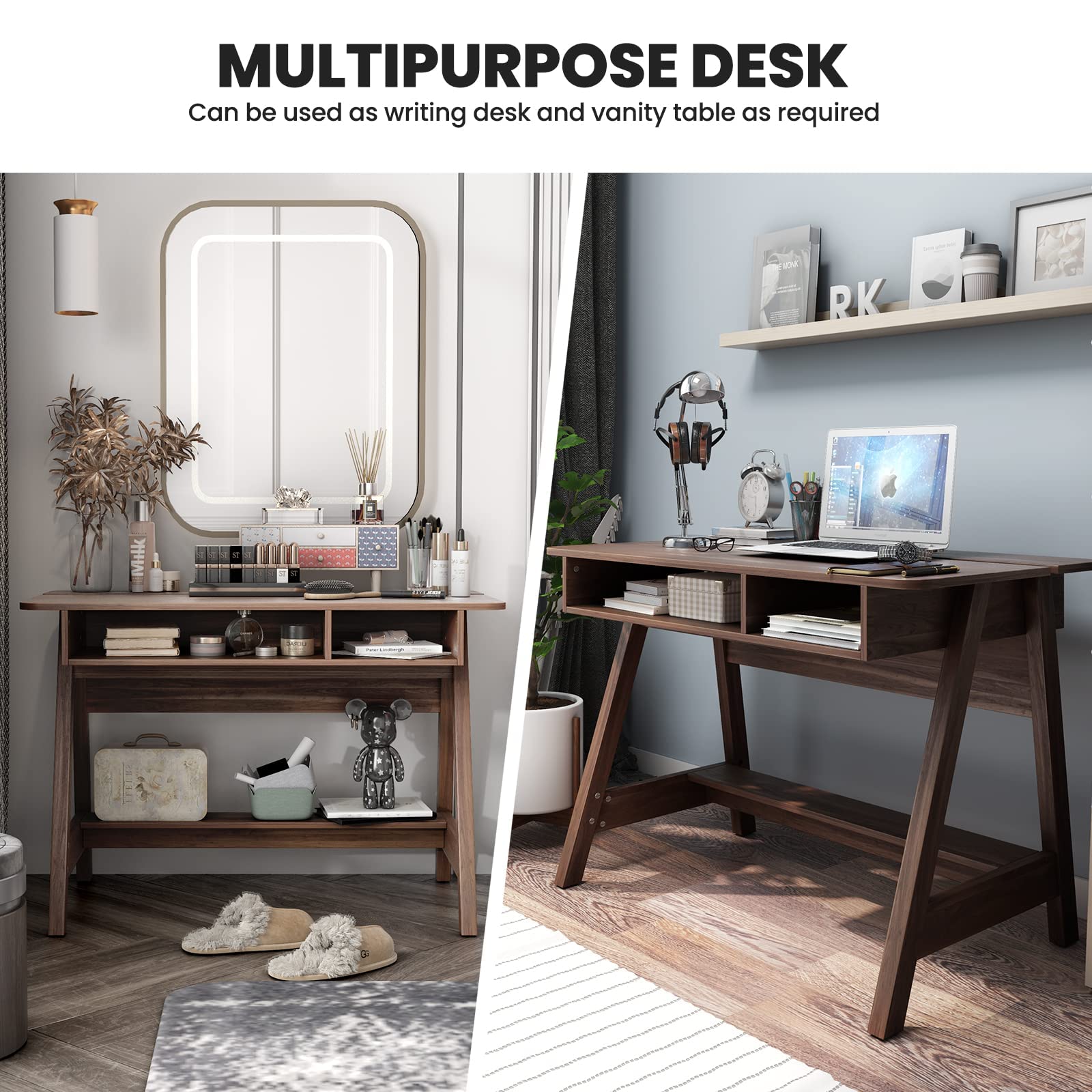 Tangkula Mid Century Modern Writing Desk with Storage Cubes & Hidden Compartment - Computer Desk, Makeup Vanity Table for Bedroom, Home Office Desk with Storage Shelf - Perfect for Small Spaces, Study, Work from Home & Dressing Area