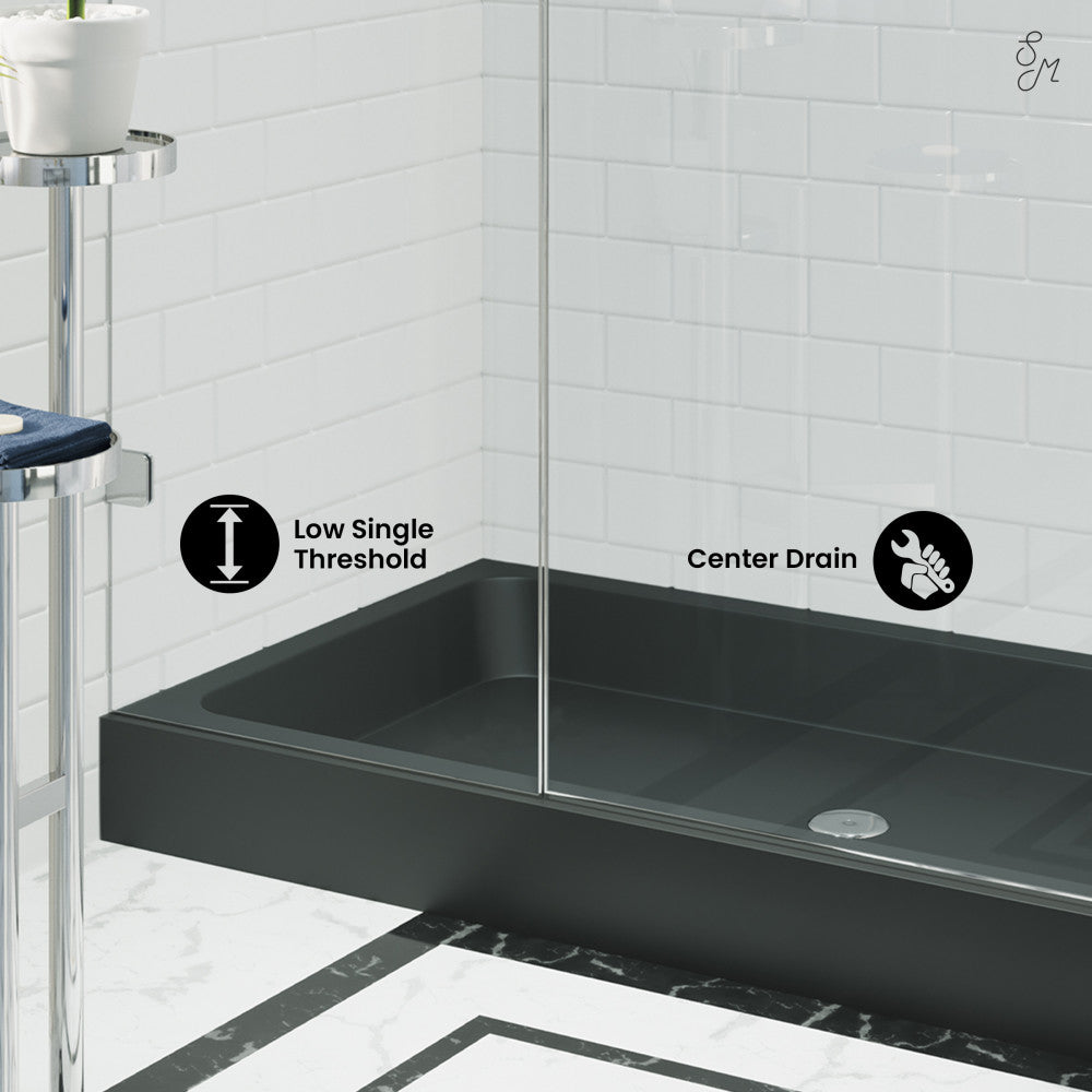 Voltaire 60 x 32 Inch Acrylic Shower Base with Center Drain - Single Threshold, Black - Perfect for Modern Bathroom Renovations & Space-Saving Installations