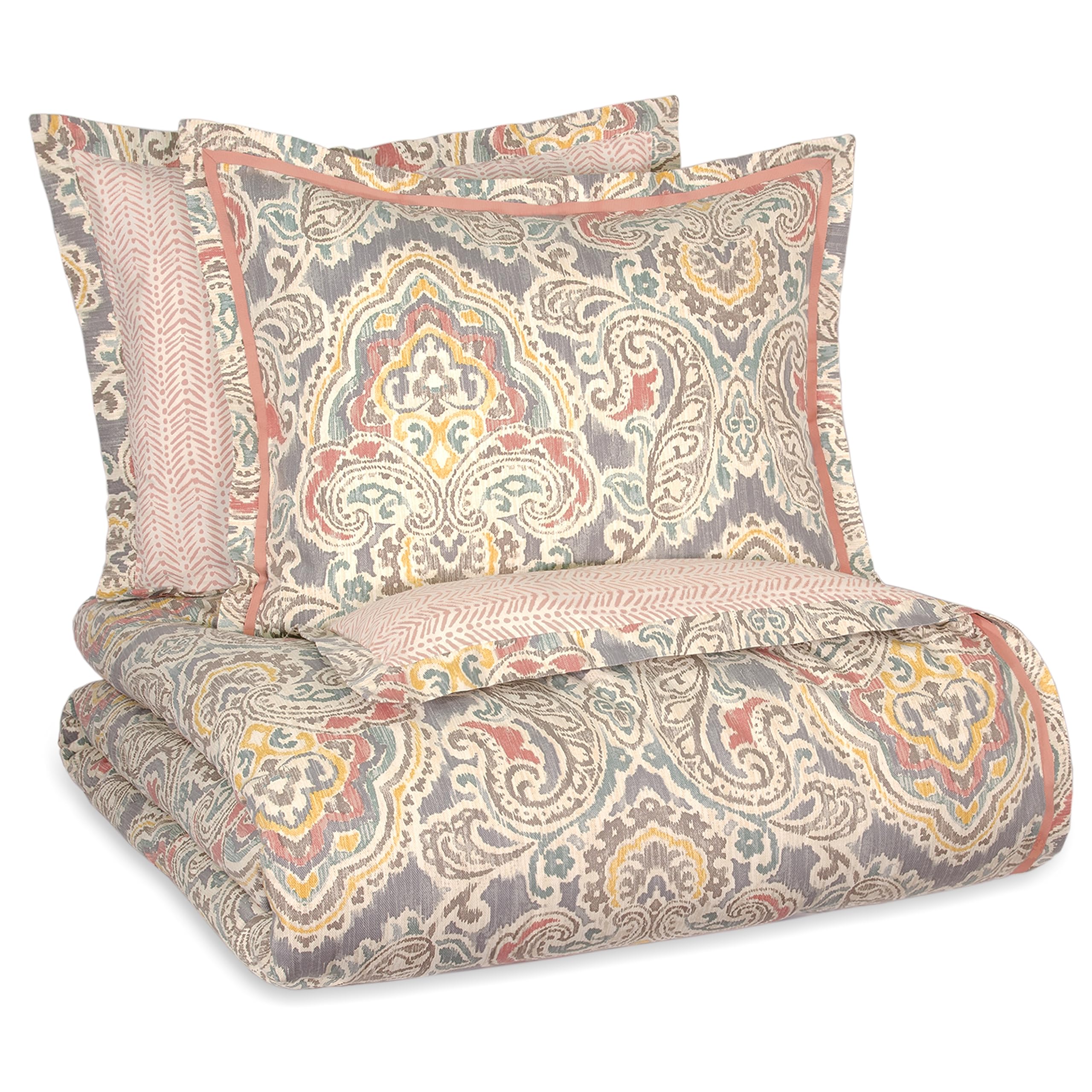 Waverly Artisanal Modern Farmhouse Damask 4-Piece Reversible Comforter Set - All Season King Size Bedding with Comforter, Bed Skirt & 2 Pillow Shams | Machine Washable Cotton Blend | Perfect for Guest Rooms, Master Bedrooms & Farmhouse Decor