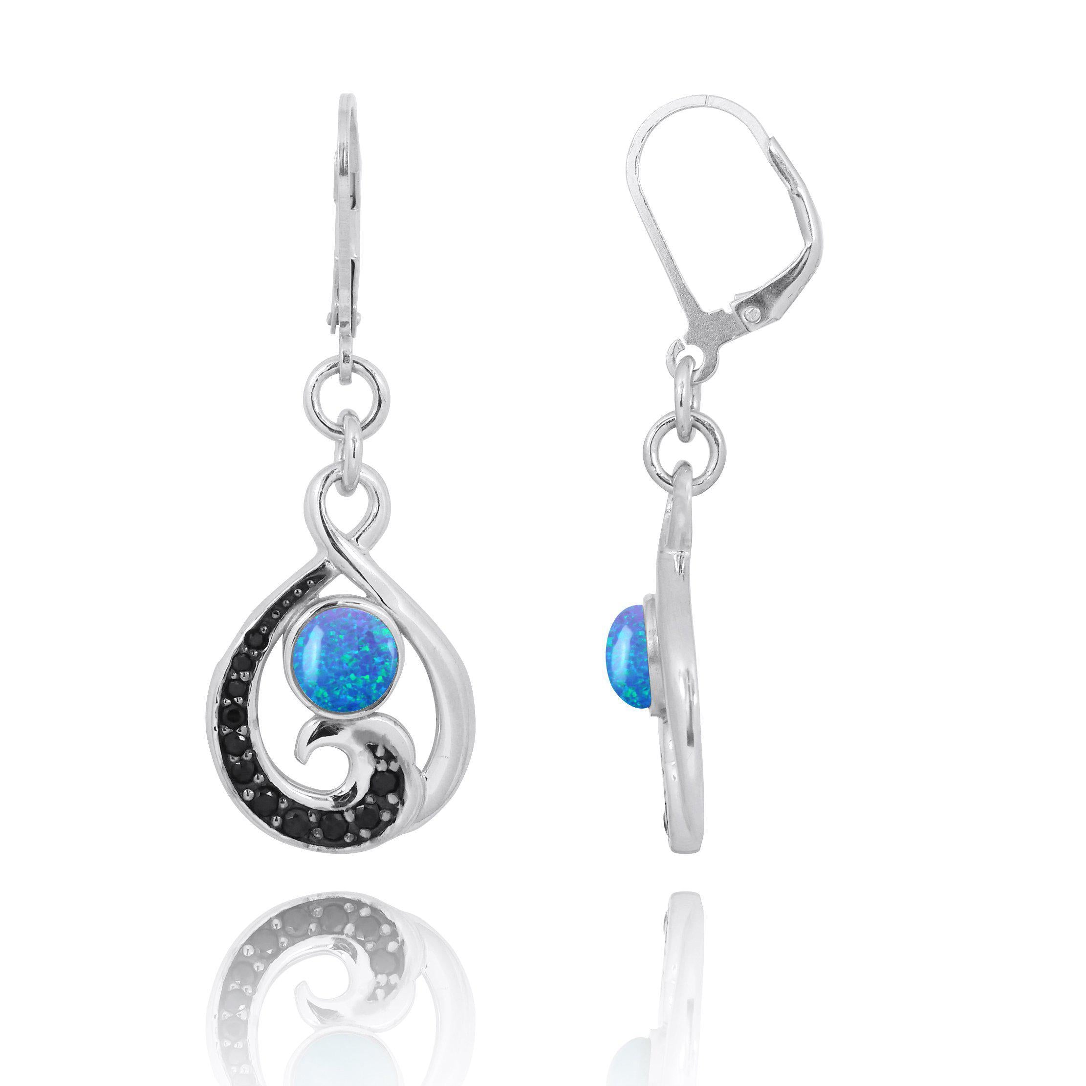 Black Spinel & Blue Opal Sterling Silver Lever Back Earrings for Women – Elegant Wave and Round Design for Parties, Weddings & Everyday Wear
