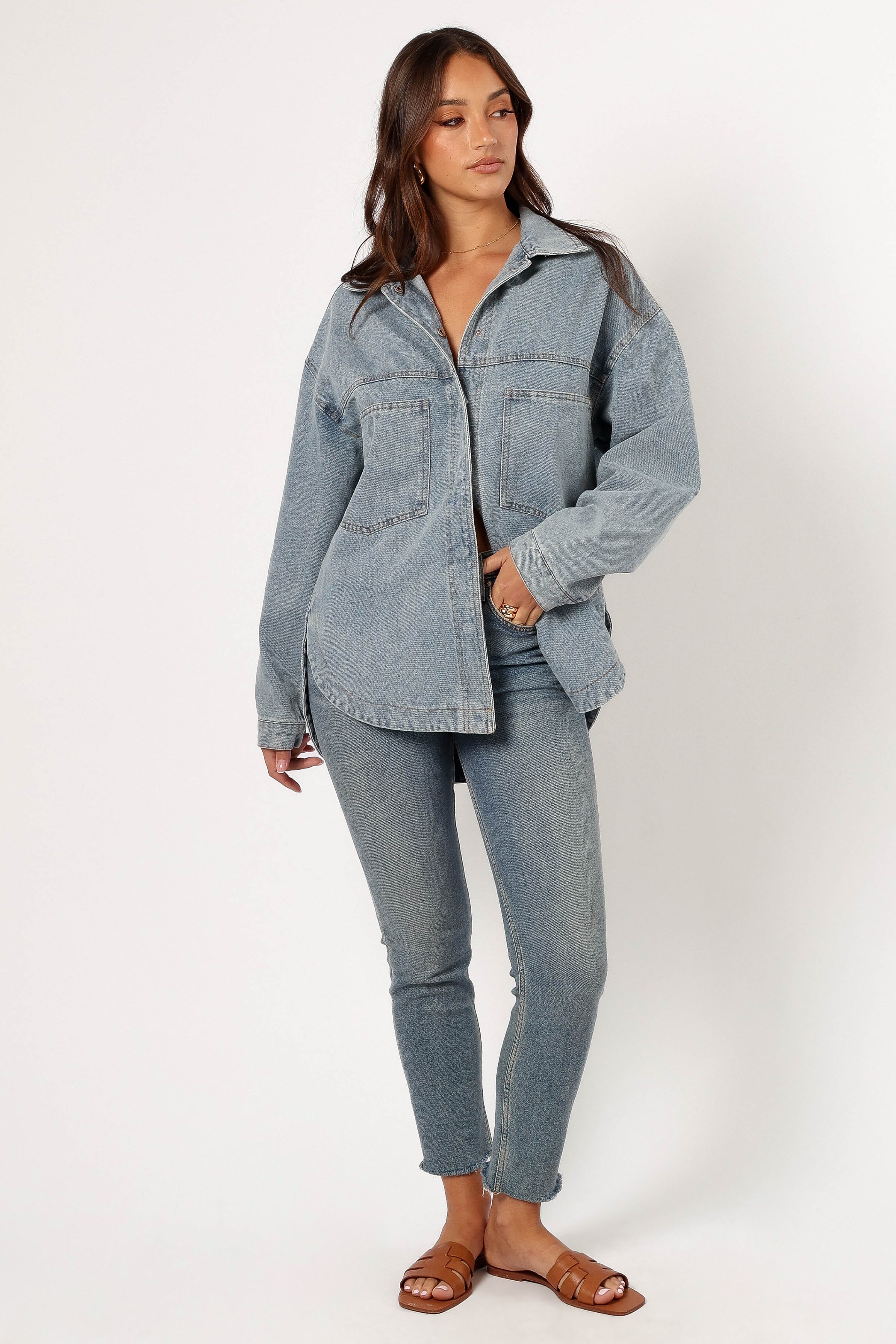 Cassie Oversized Denim Shacket Jacket for Women - Blue Distressed Denim Coat with Button Front - Perfect for Casual Outfits, Layering & Fall Fashion